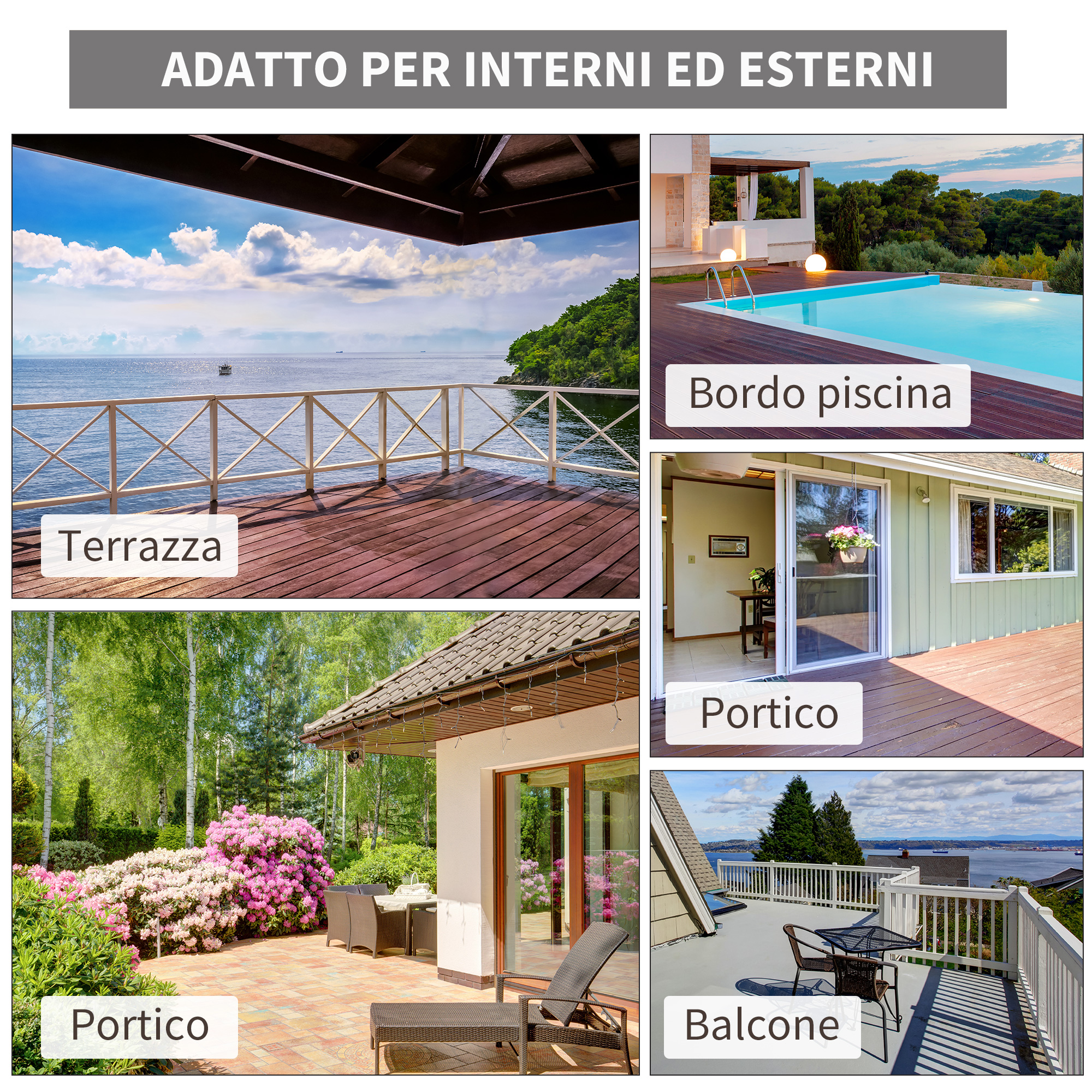 Collage mostra terrazze, piscina, portico e balcone con vista mare.