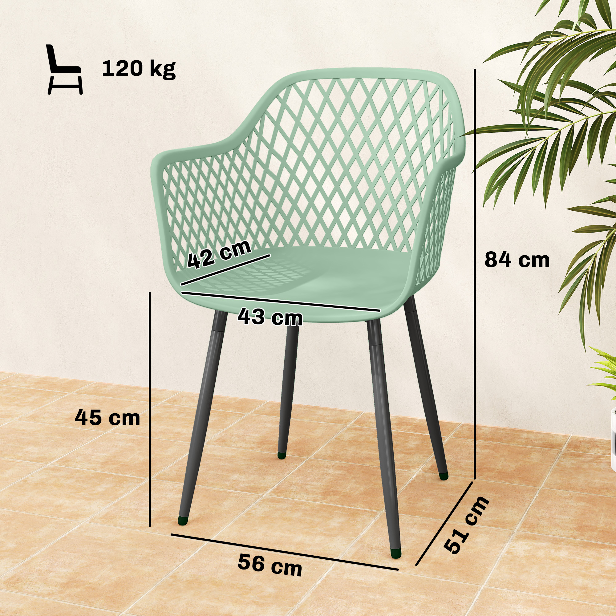 Sedia verde menta con motivo a grata, gambe nere, dimensioni indicate.