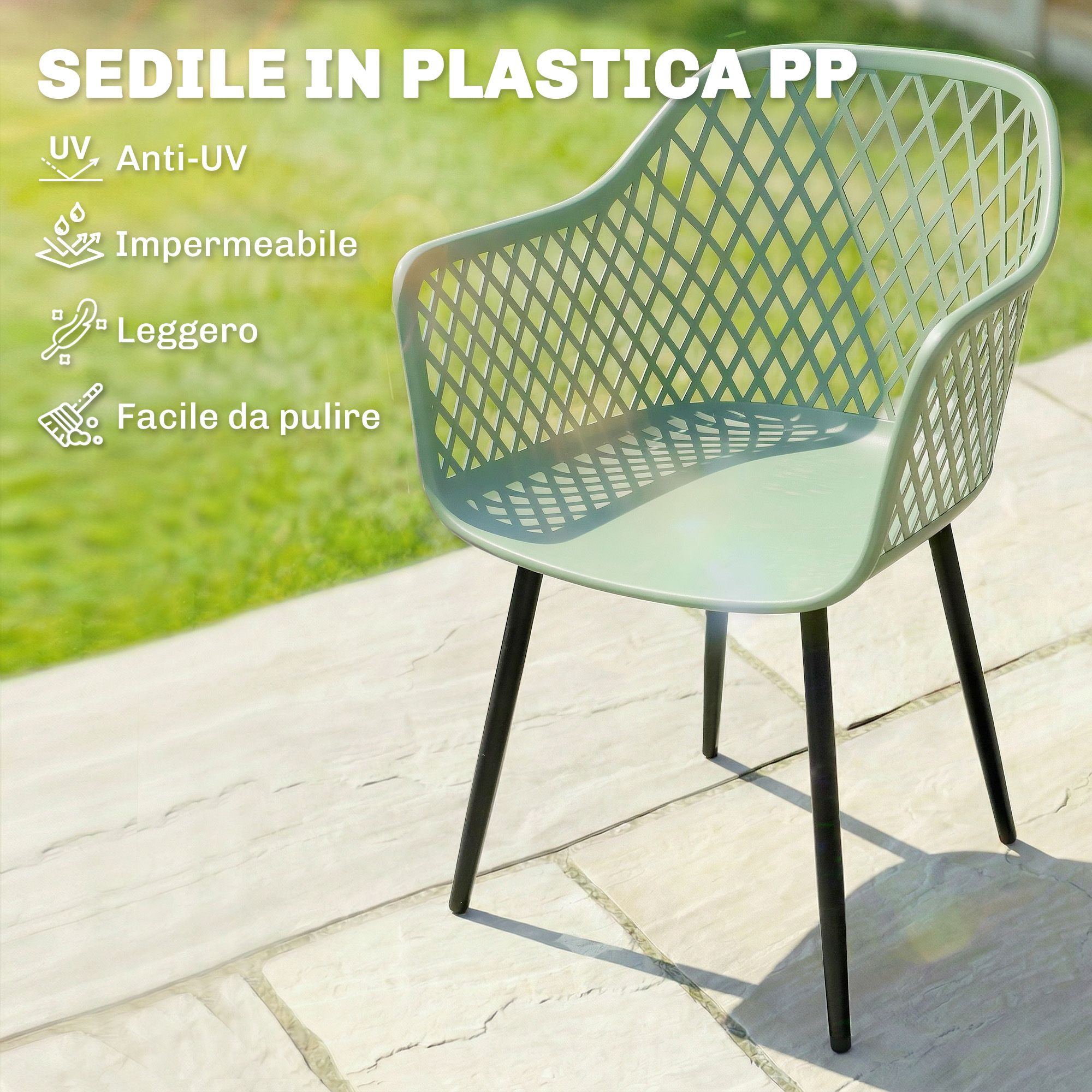 Sedia verde chiaro in plastica con motivo a rombi su patio in pietra.