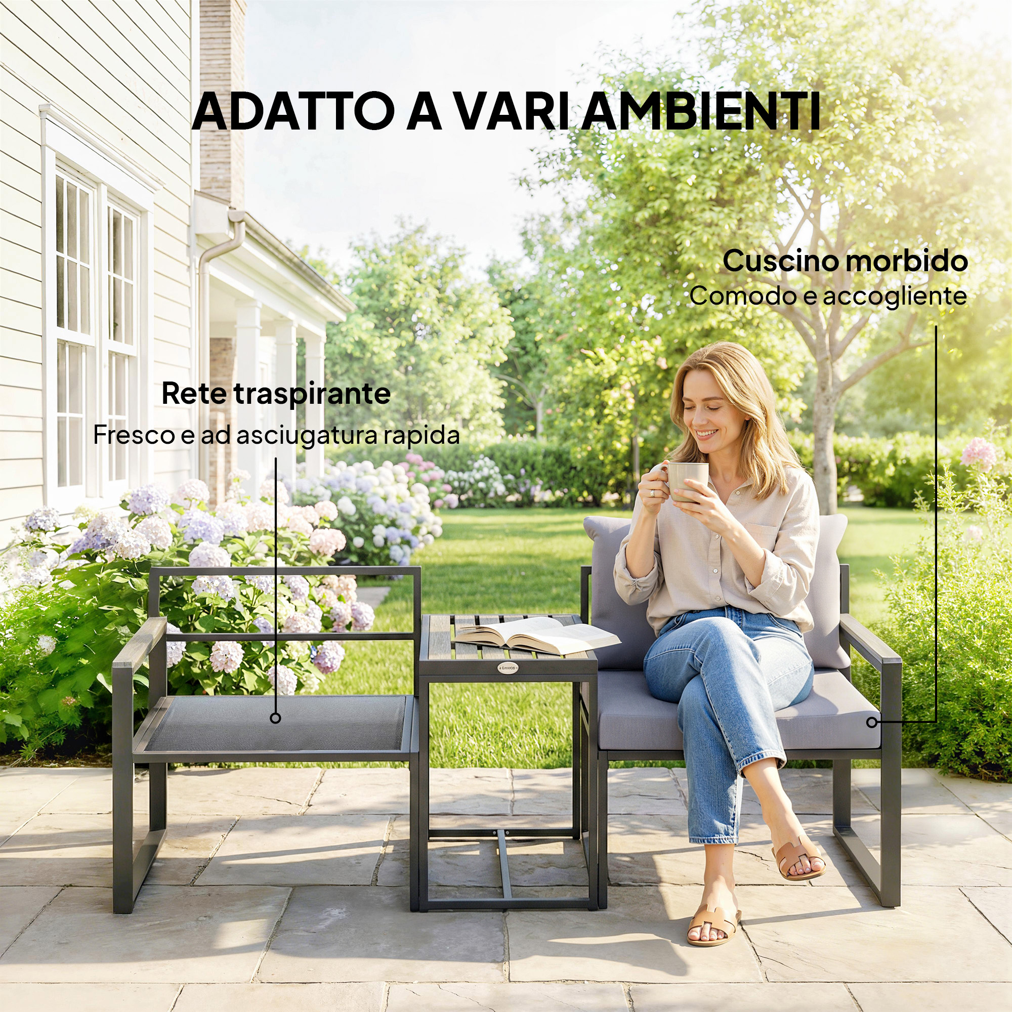 Una donna seduta su una sedia da giardino, beve un caffè. Giornata soleggiata.