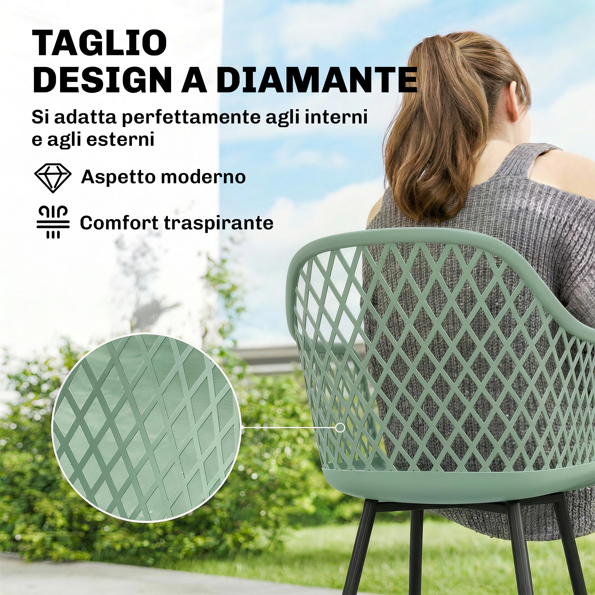 Una donna siede su una sedia verde con motivo a rombi all'esterno.