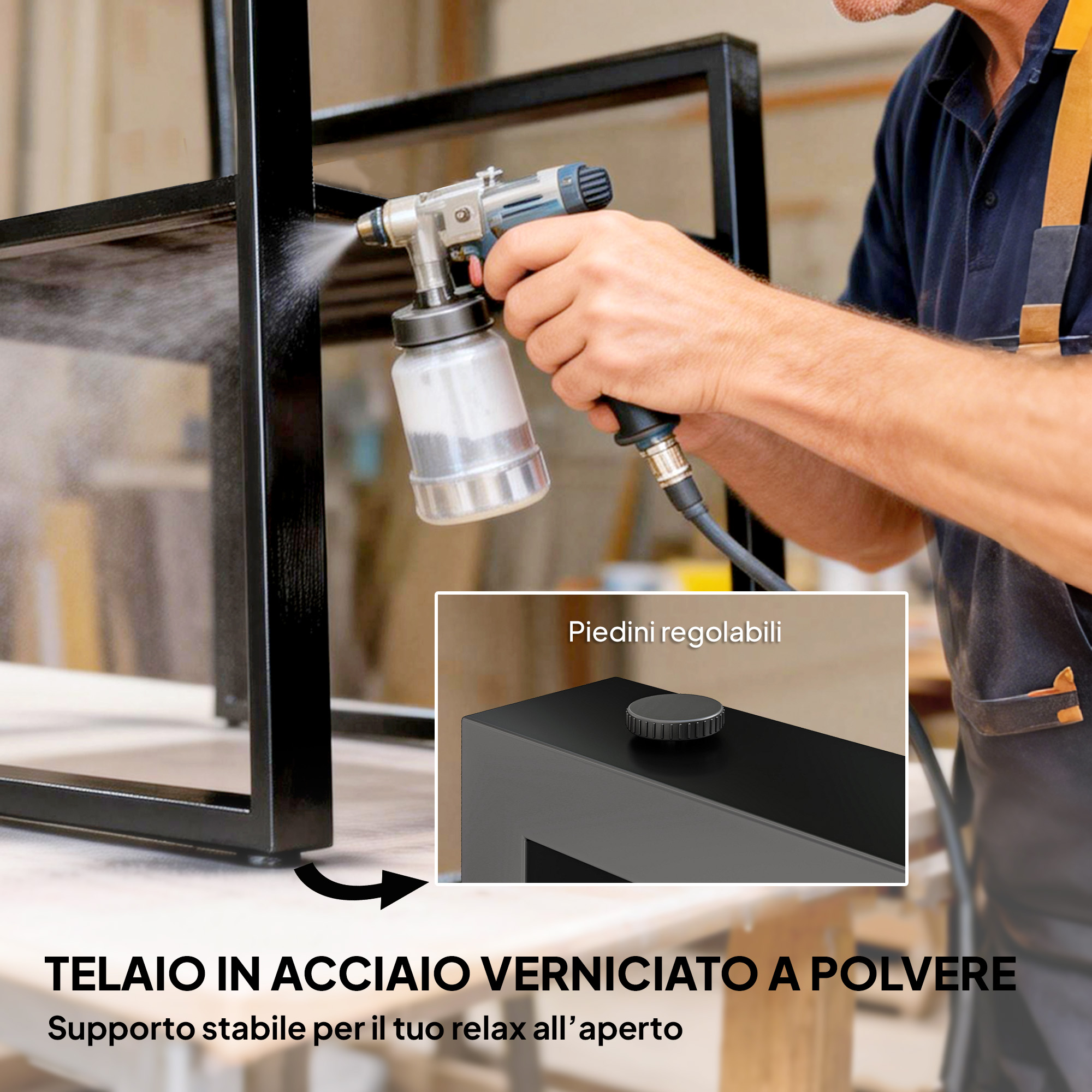 Uomo spruzza telaio in metallo nero con pistola. Dettaglio piedi regolabili.