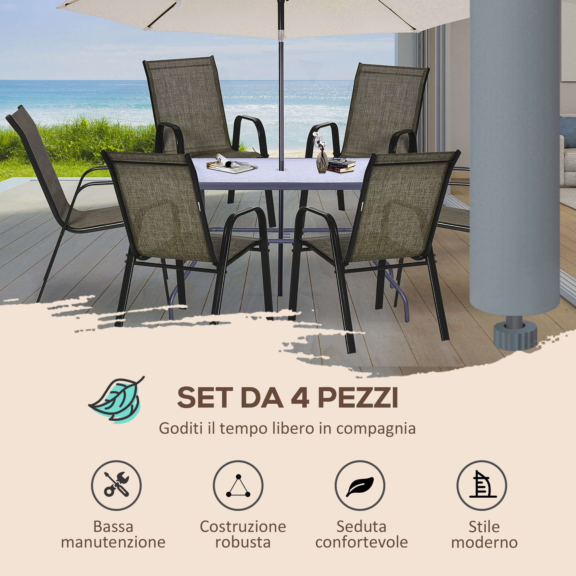 Set da pranzo da esterno con quattro sedie sul mare, con ombrellone.
