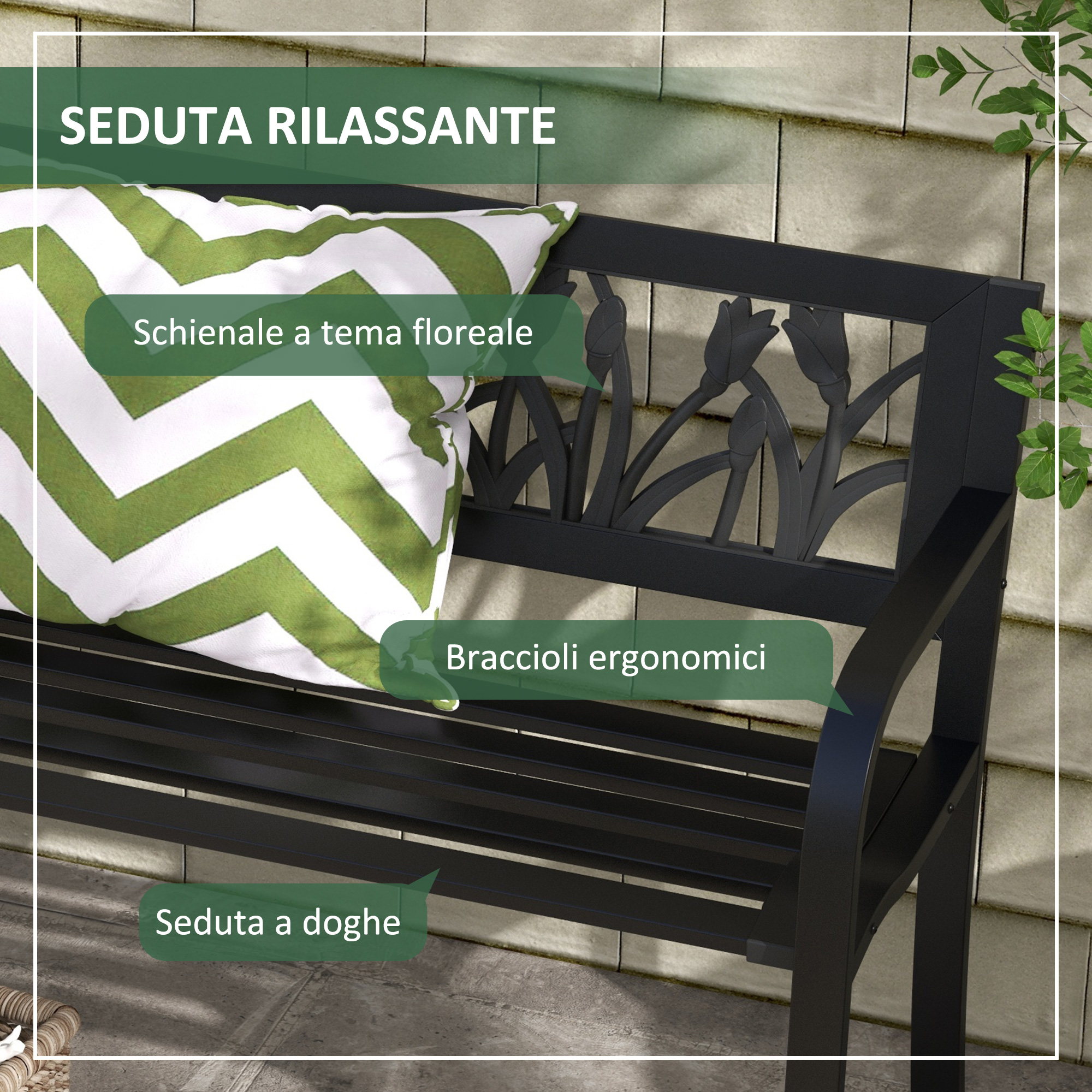 Panca da giardino nera con schienale floreale e cuscino a righe.