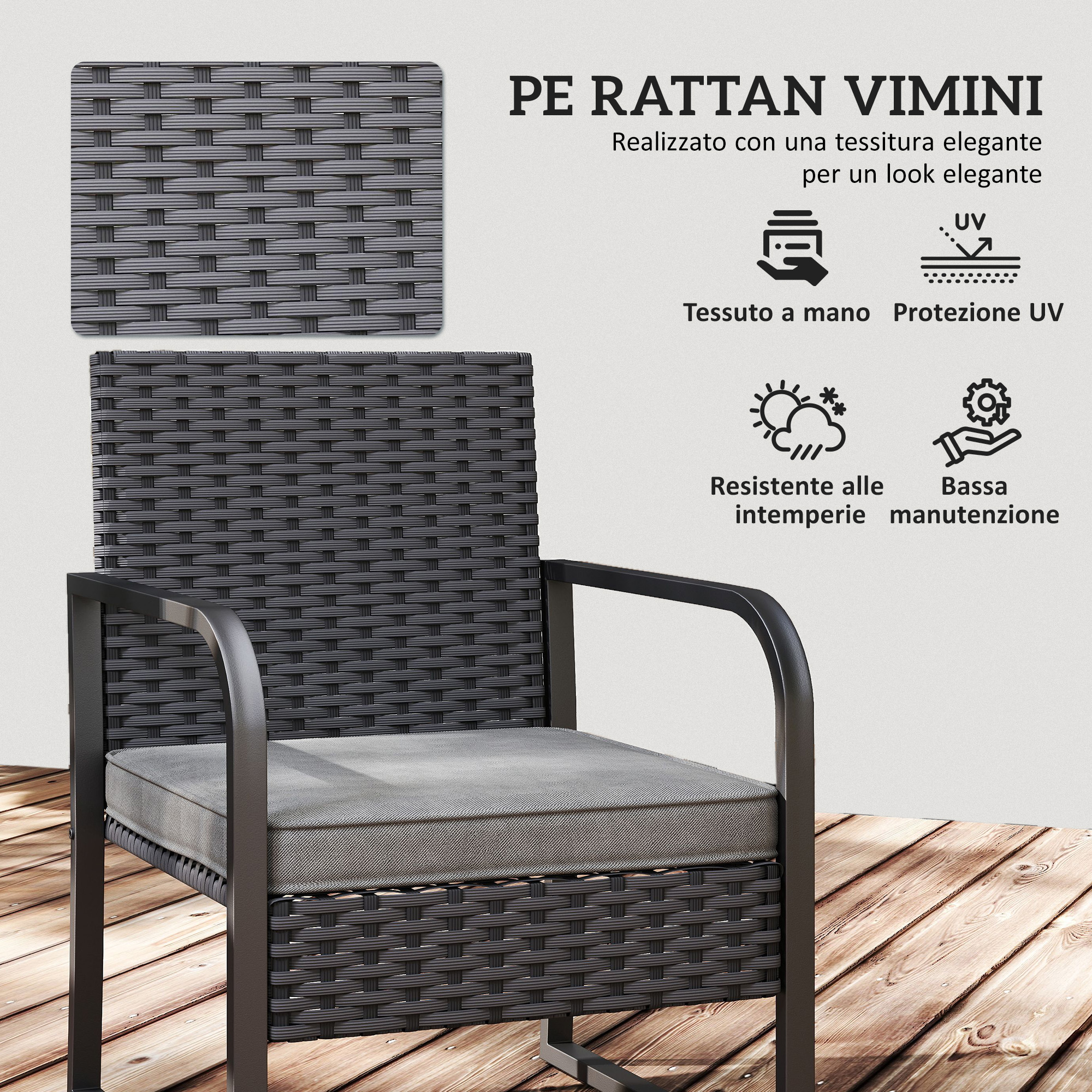 Sedia in rattan grigio con cuscino su deck in legno. Primo piano della trama.