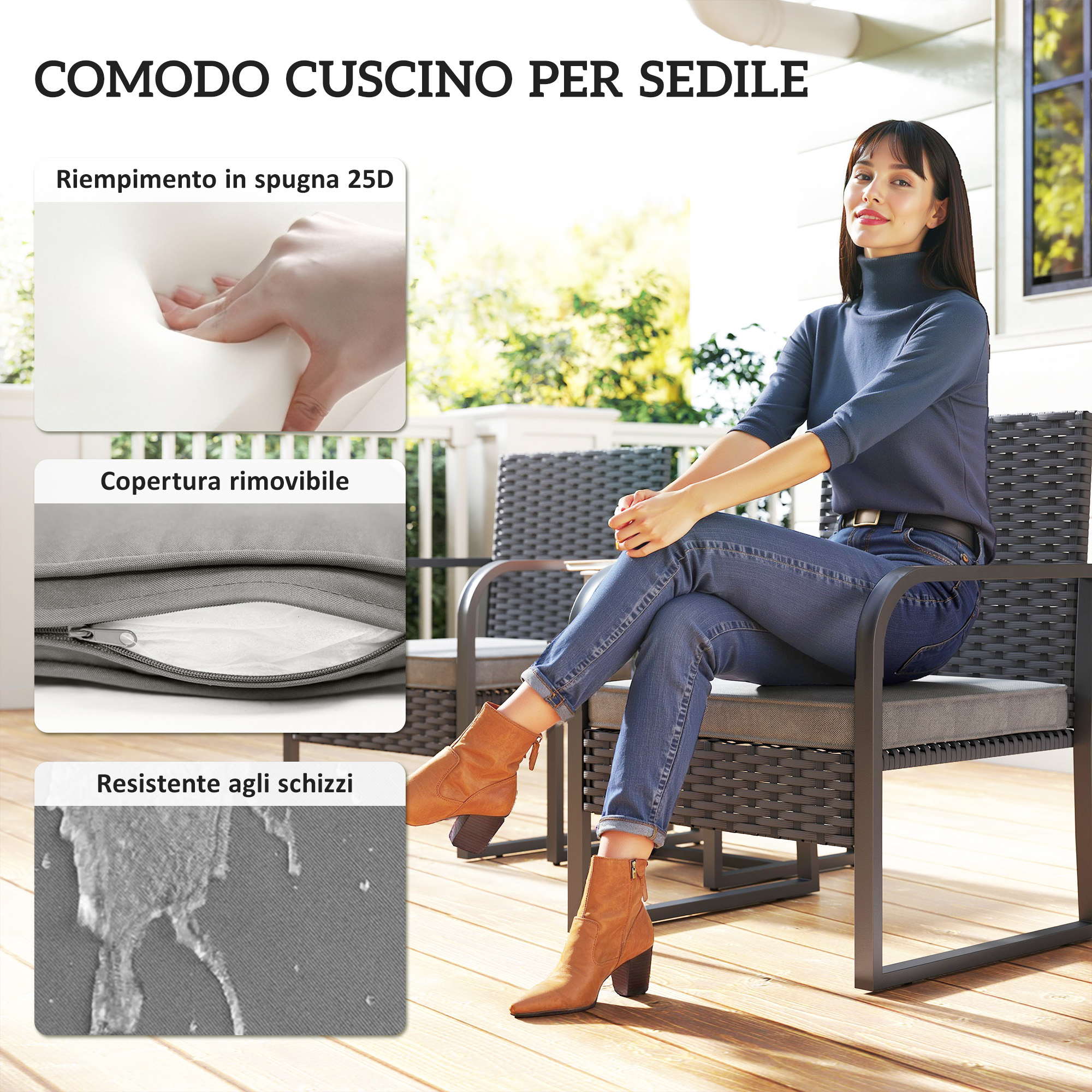 Donna seduta su cuscino di sedia esterna. Dettagli: schiuma, cerniera e idrorepellenza.