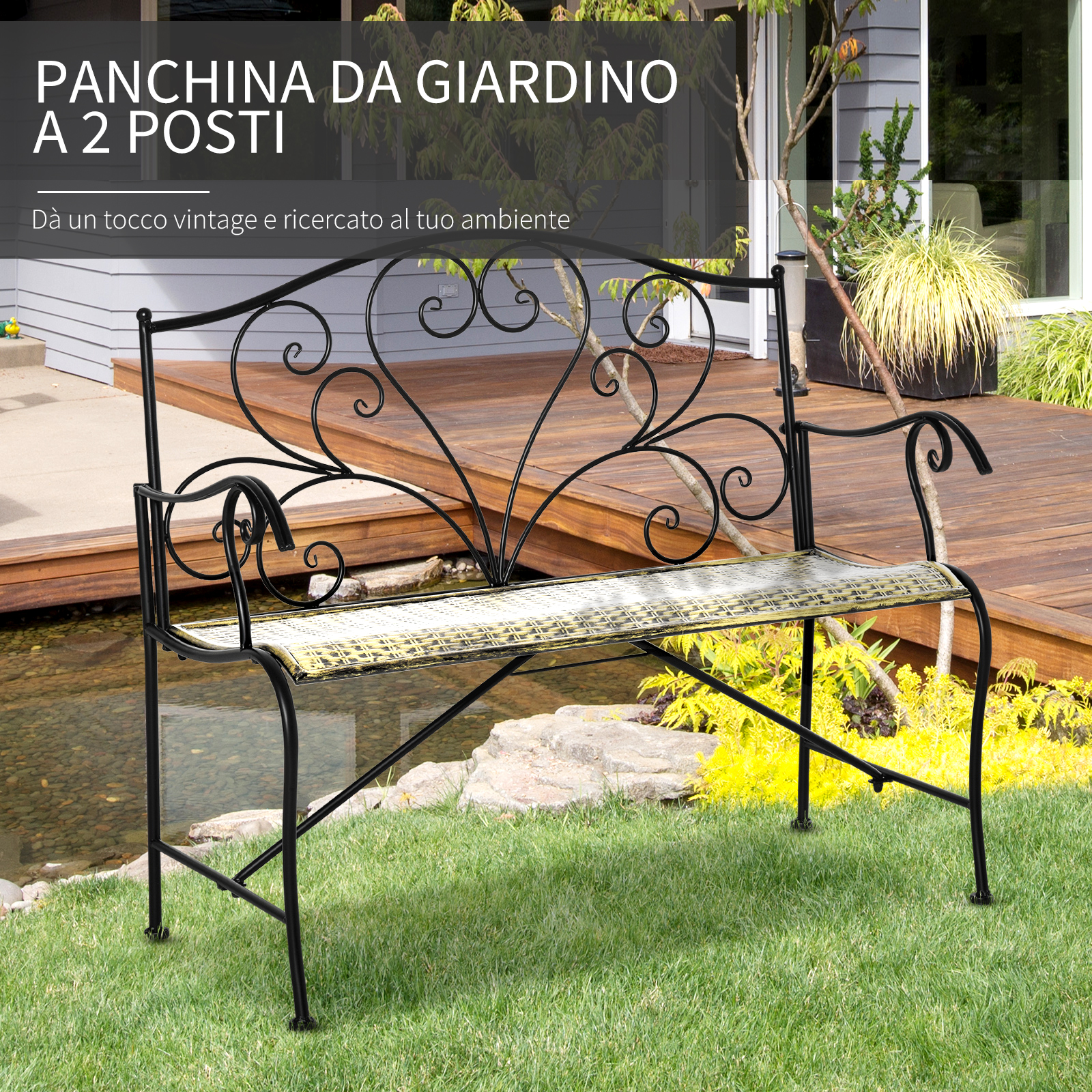 Panchina da giardino in ferro battuto nero con seduta intrecciata su prato.