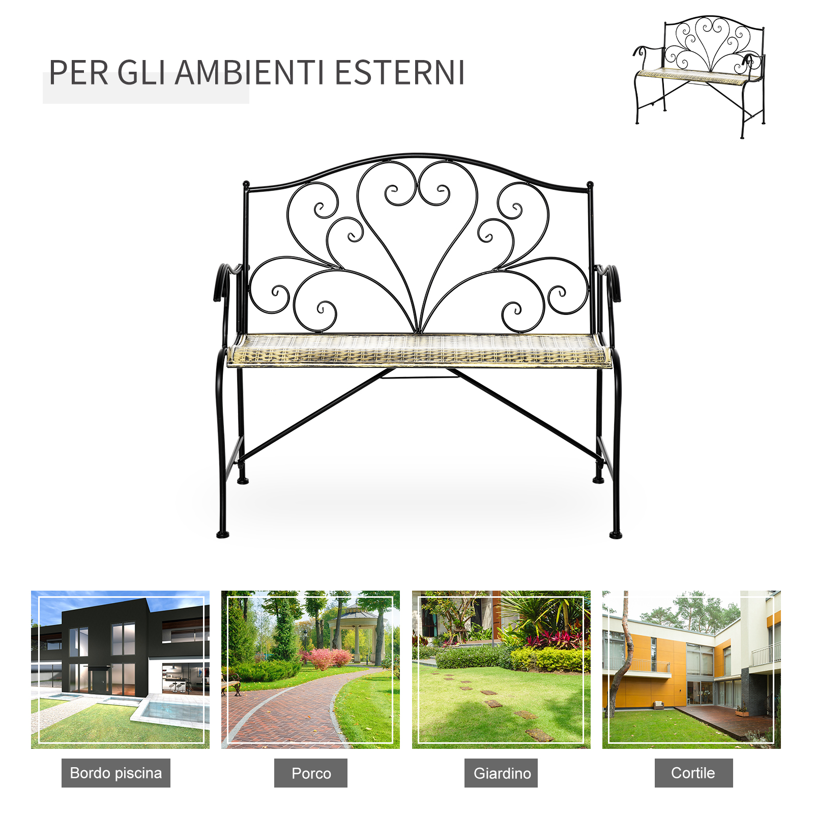 Panca in metallo nero con seduta intrecciata, mostrata con immagini di esterni.