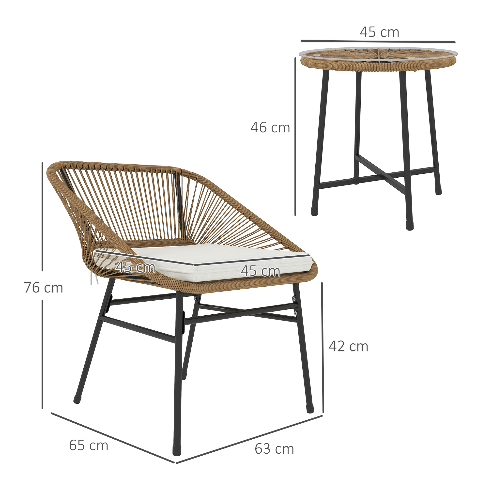 Sedia in vimini marrone e tavolo rotondo con gambe nere e misure.