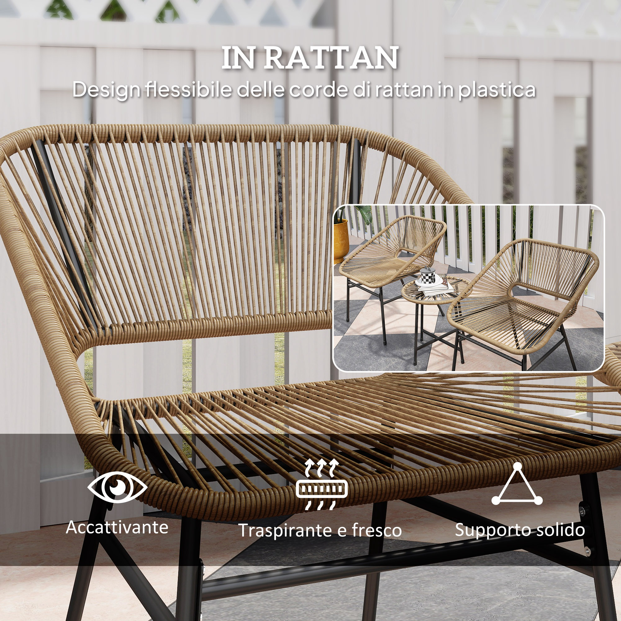 Una sedia in rattan marrone con gambe nere. Un tavolino è accanto.