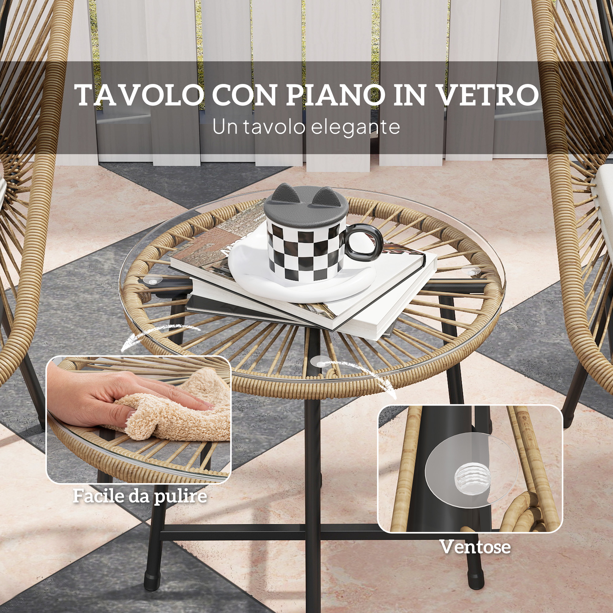 Un tavolo rotondo con piano in vetro e dettagli in rattan.