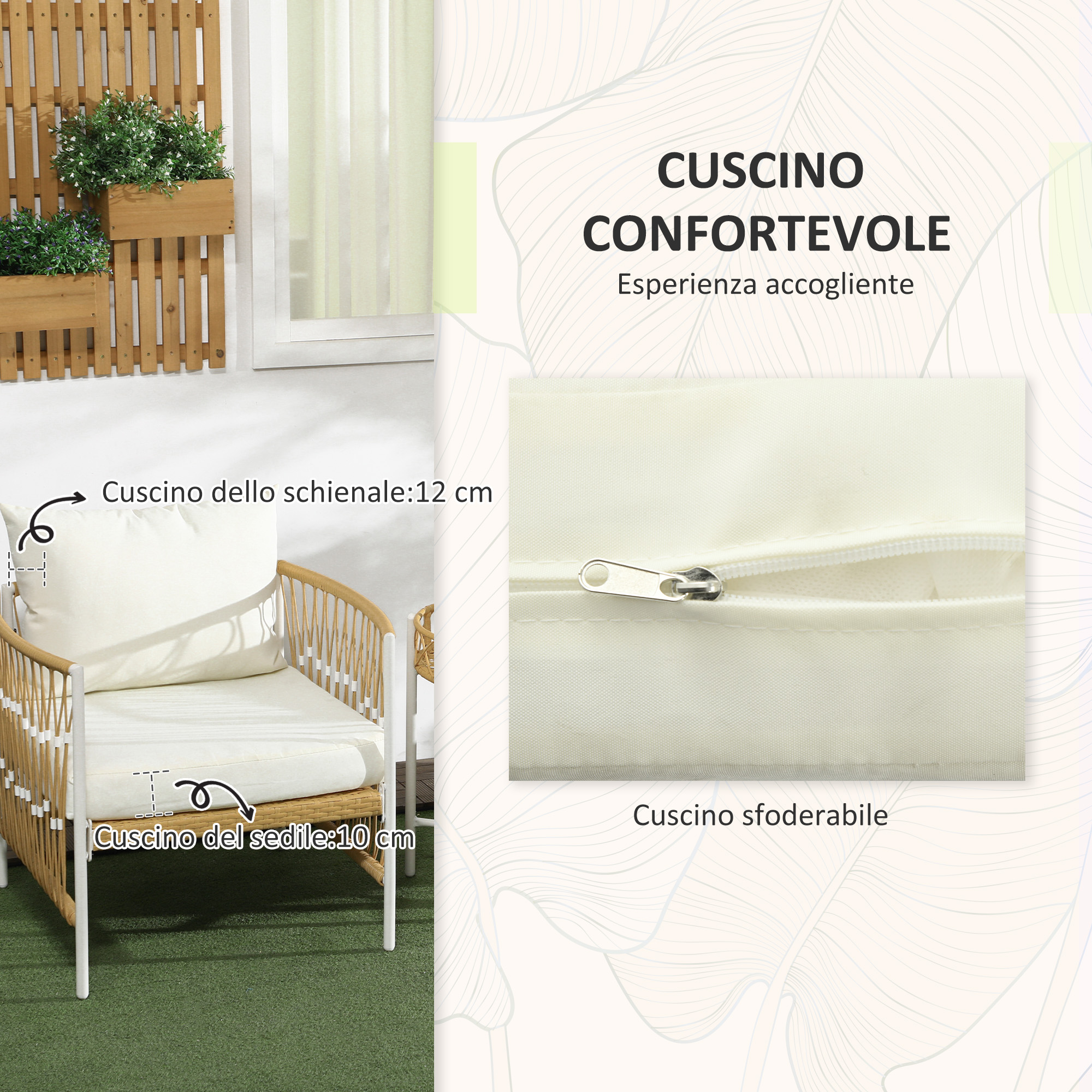 Sedia da esterno beige con cuscini, dimensioni indicate.