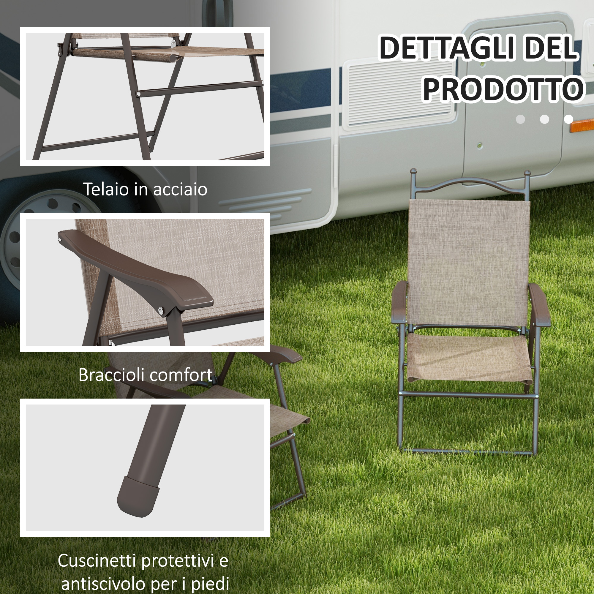 Una sedia pieghevole marrone con seduta in tessuto si trova su erba verde accanto a un camper.