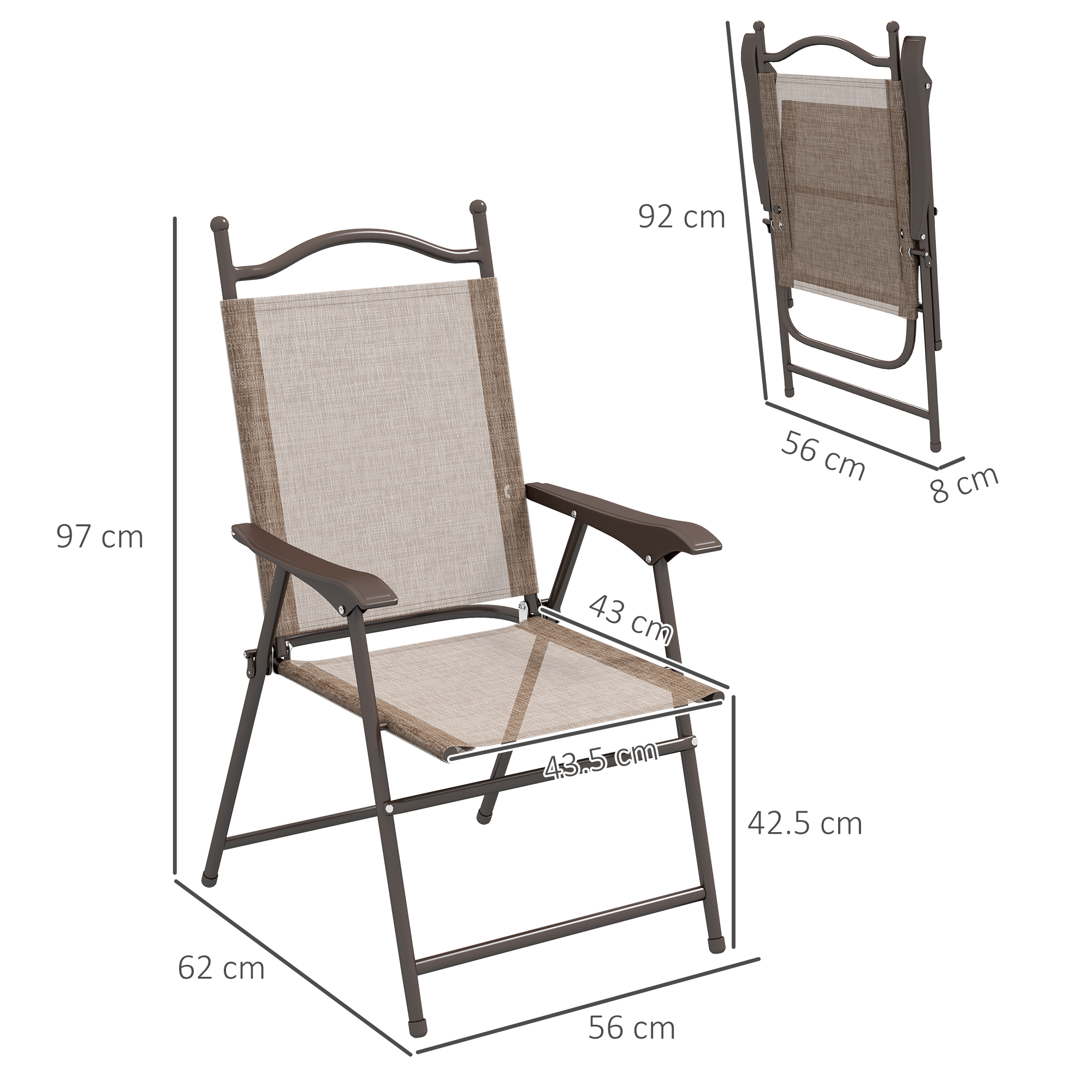 Sedia pieghevole marrone in metallo e tessuto con dimensioni.