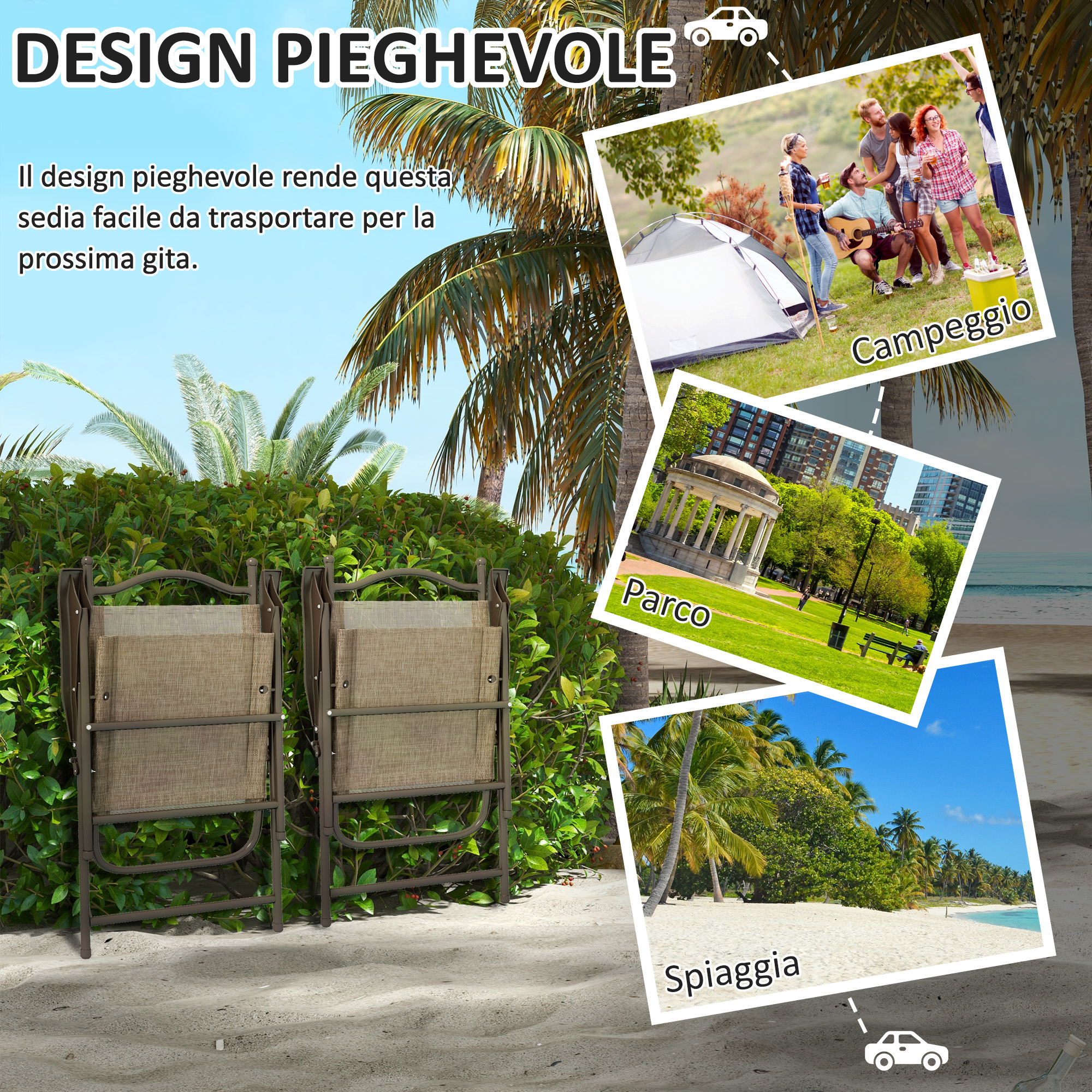 Sedie pieghevoli su spiaggia, con immagini di campeggio, parco e spiaggia.
