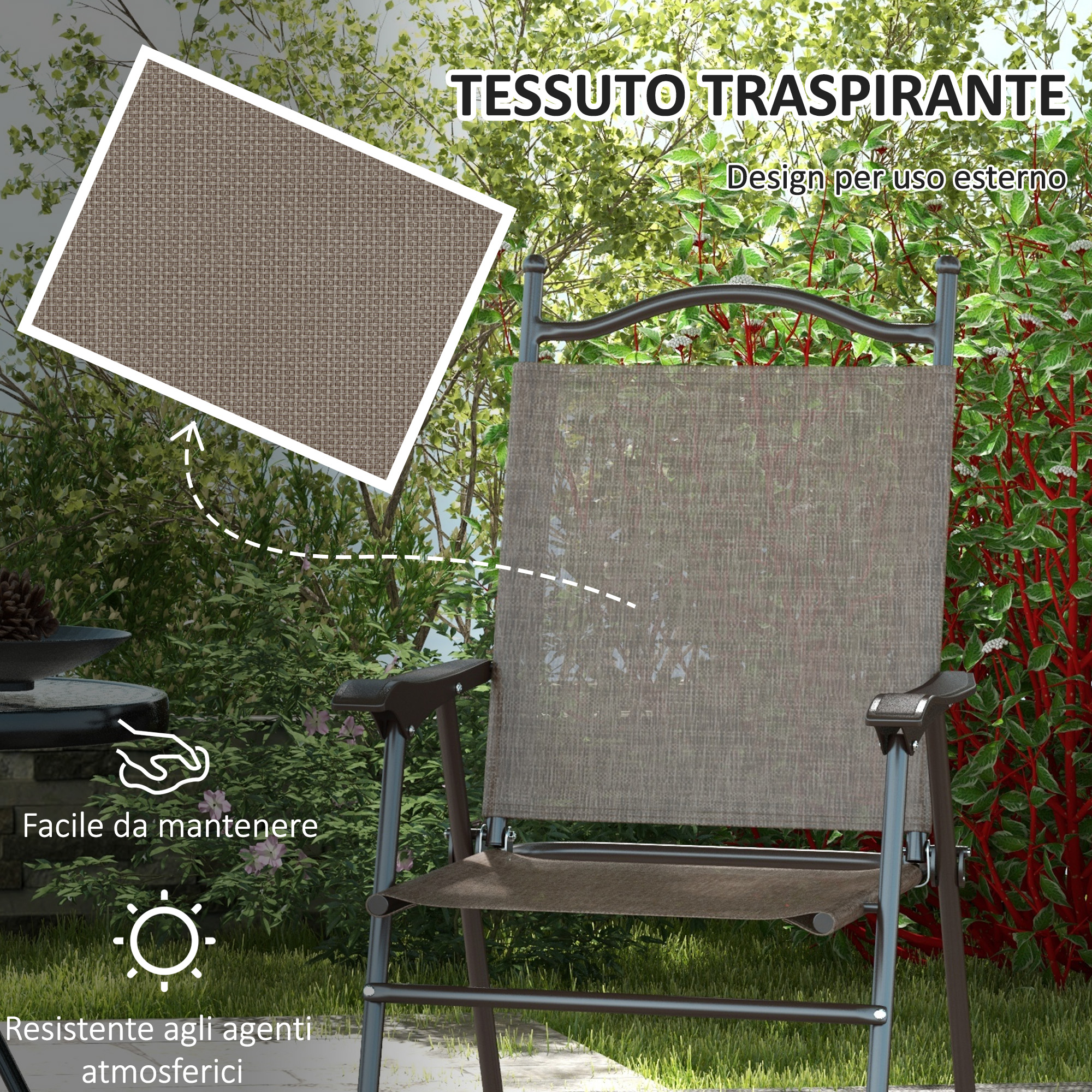 Sedia da esterno marrone con seduta in tessuto, circondata da fogliame verde.