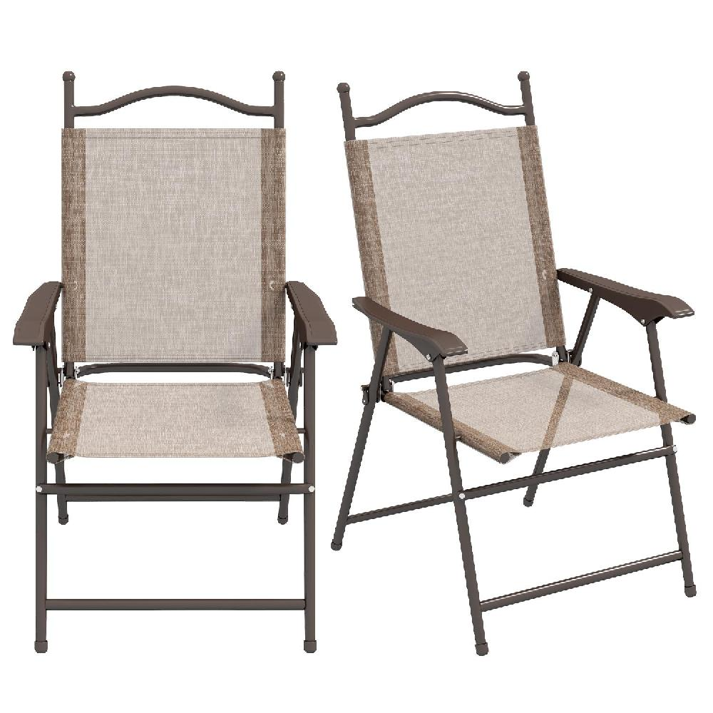 Due sedie pieghevoli marroni con sedute e schienali in tessuto beige.