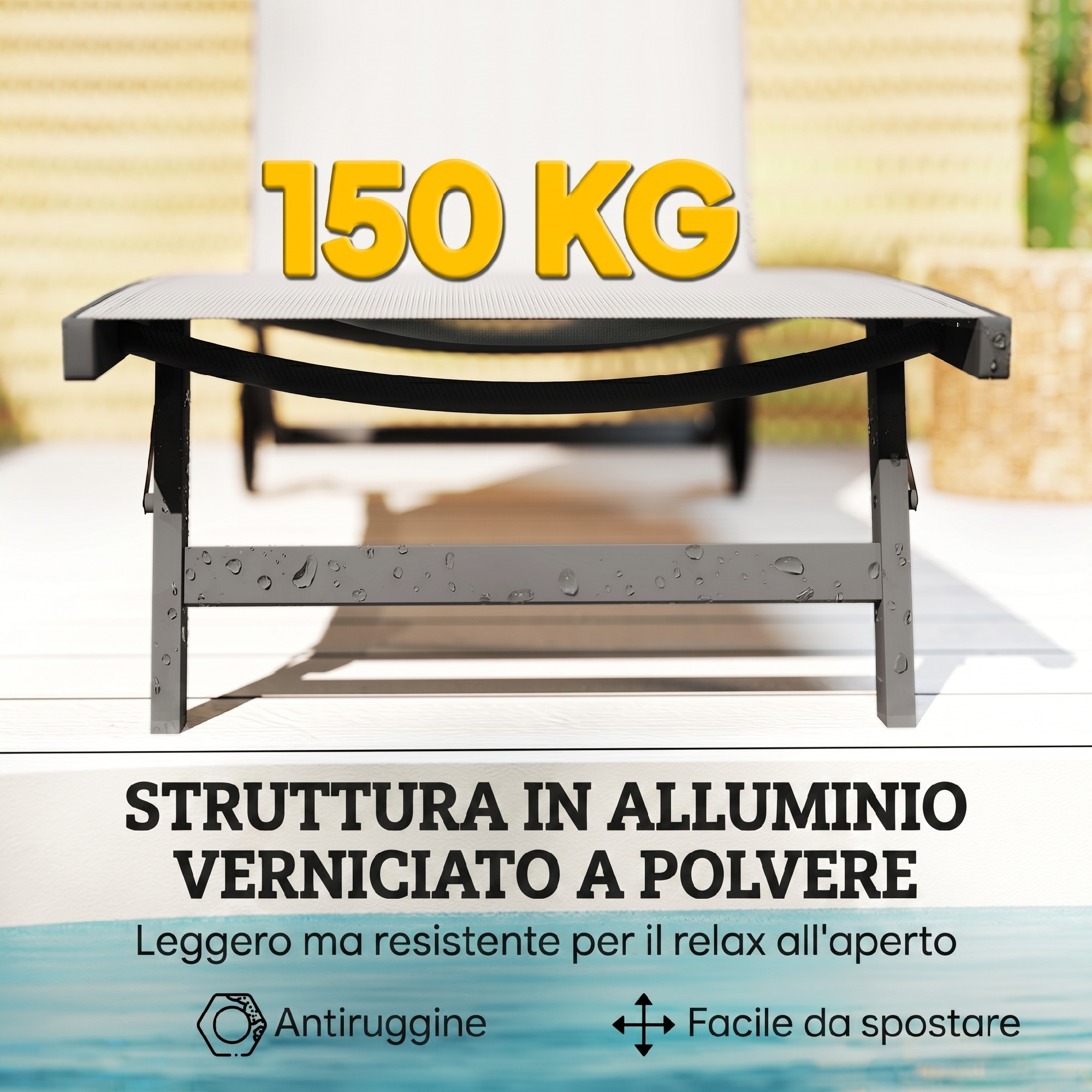 Sdraio grigio con scritta 150 kg, struttura in alluminio verniciato a polvere.