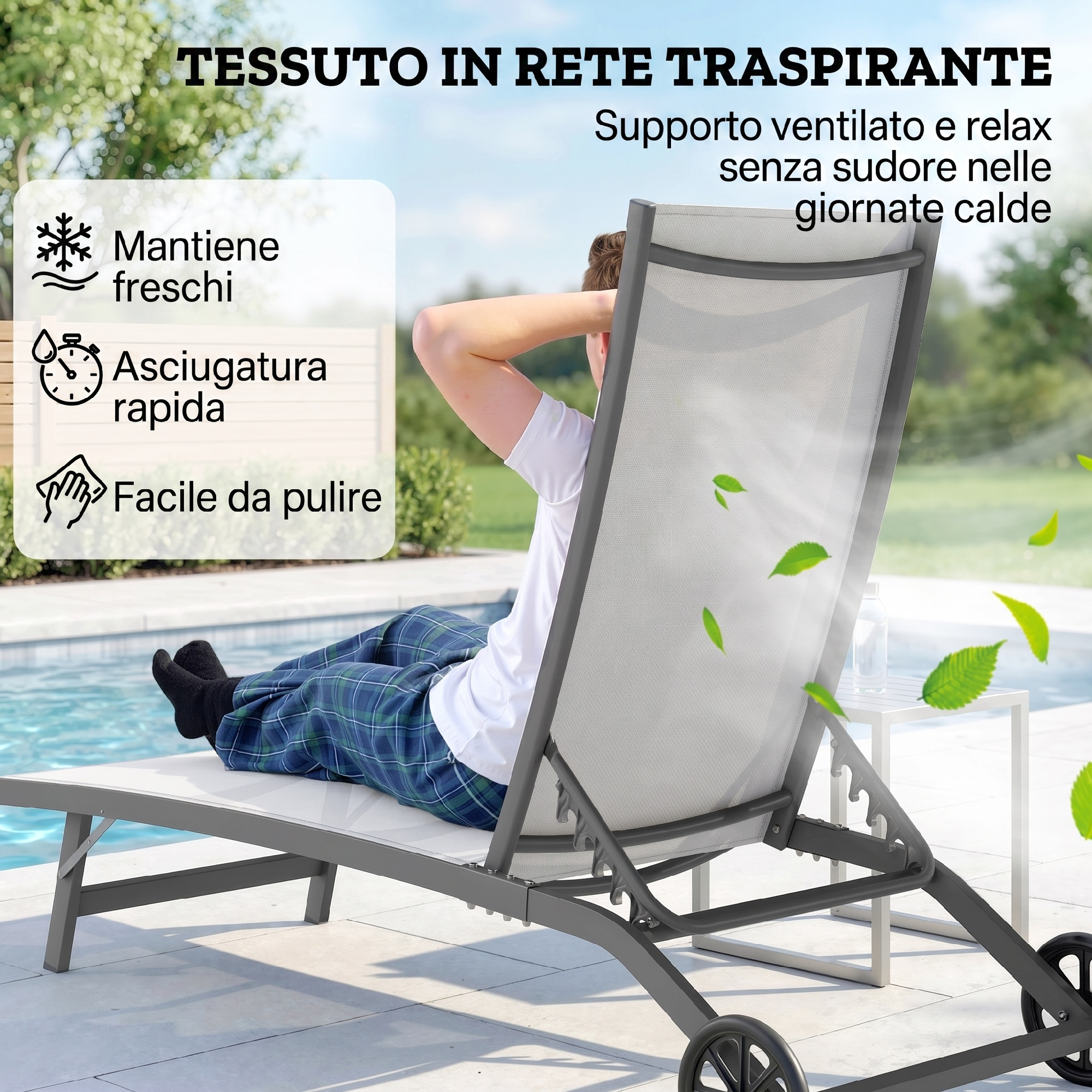 Uomo rilassato su lettino prendisole, con schienale in rete traspirante.