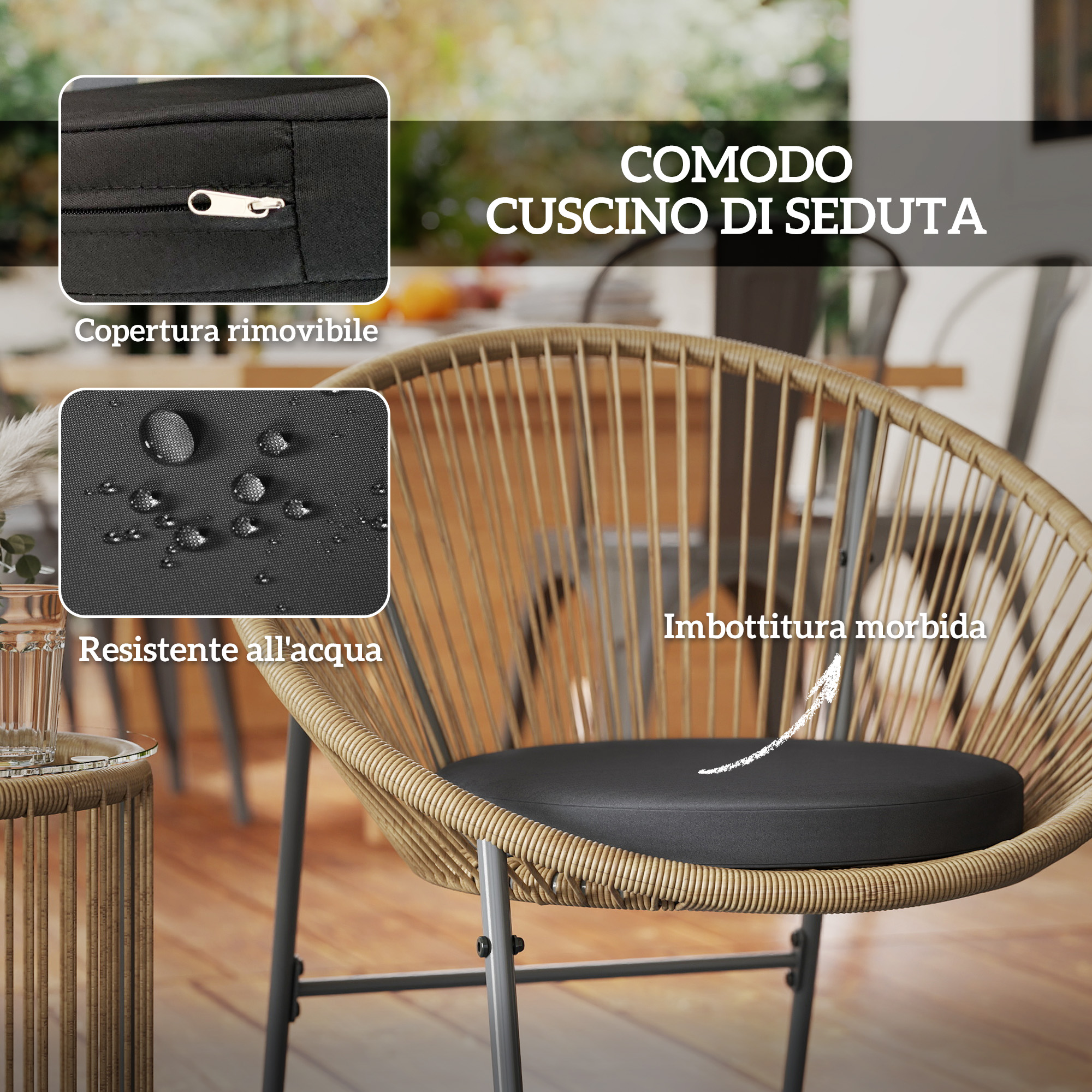 Un cuscino rotondo nero su una sedia di vimini con gambe in metallo.