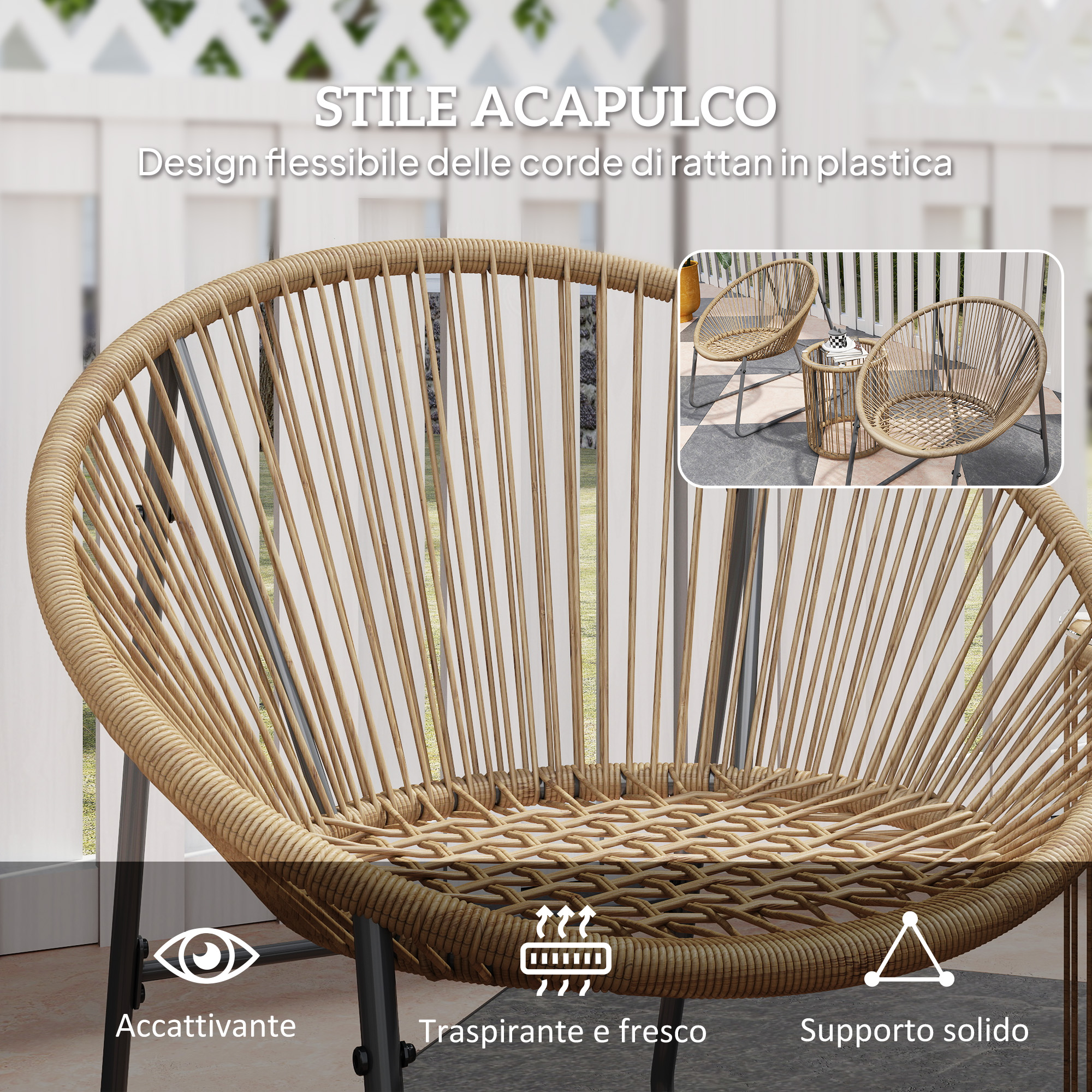 Una sedia rotonda in rattan con gambe in metallo, stile Acapulco.