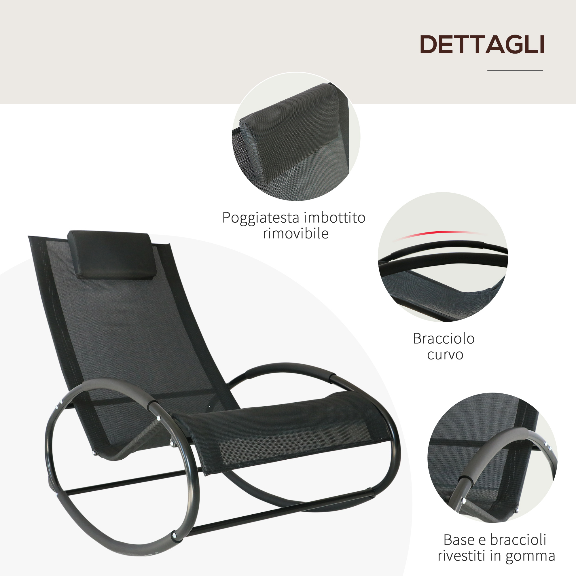 Una sedia a dondolo nera in rete con poggiatesta rimovibile e braccioli curvi.