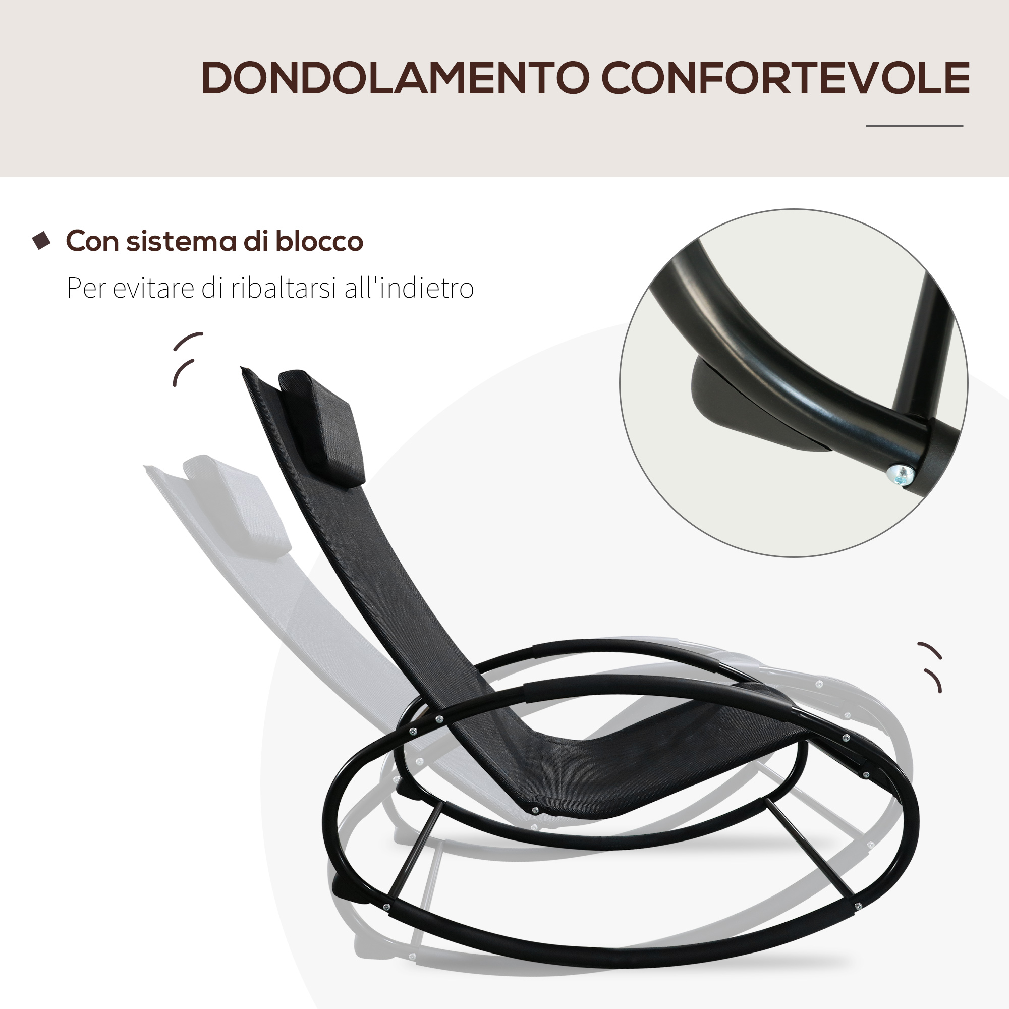 Una sedia a dondolo nera con cuscino rimovibile e primo piano dettagliato del telaio.