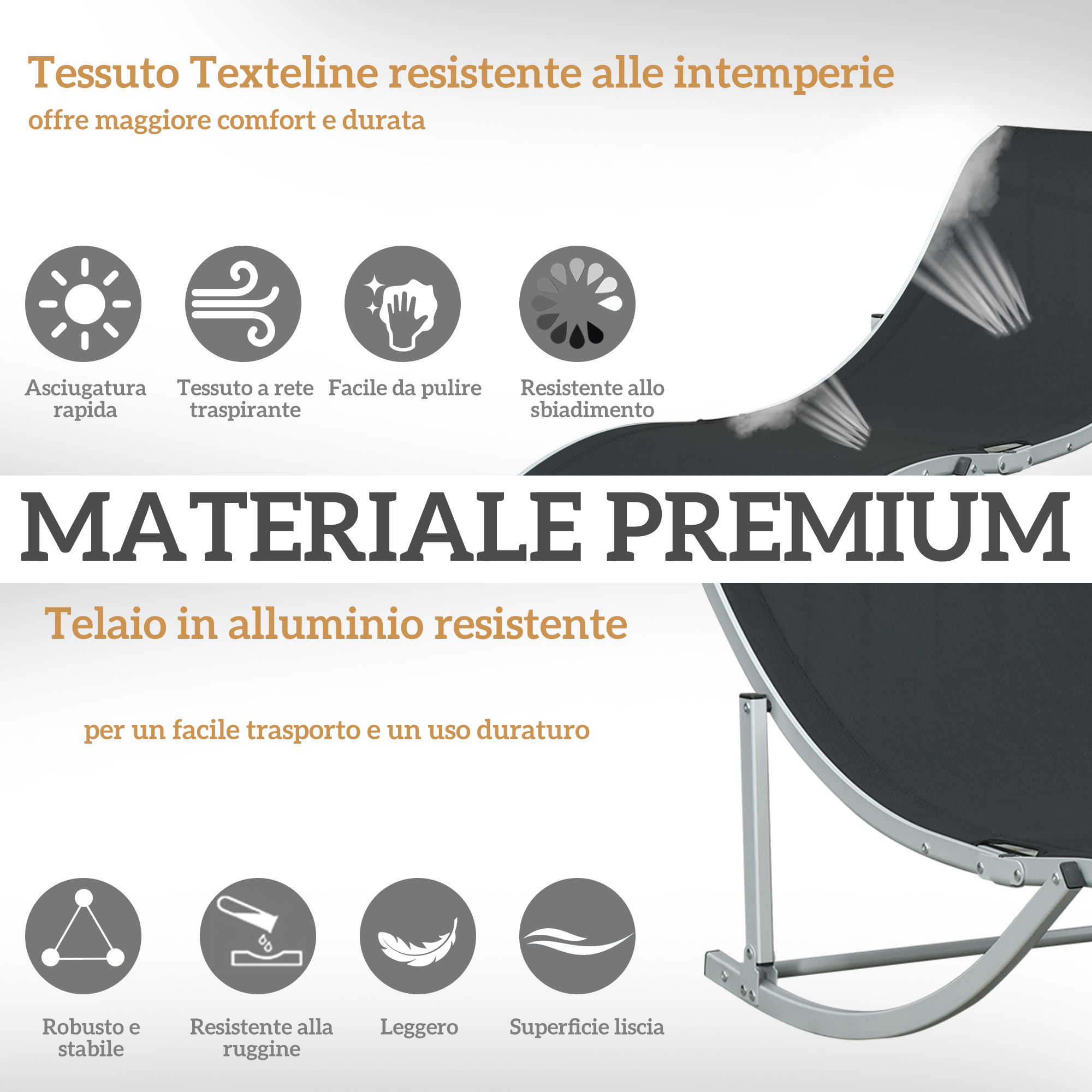 Tessuto Texteline resistente alle intemperie. Asciugatura rapida, traspirante, facile da pulire.