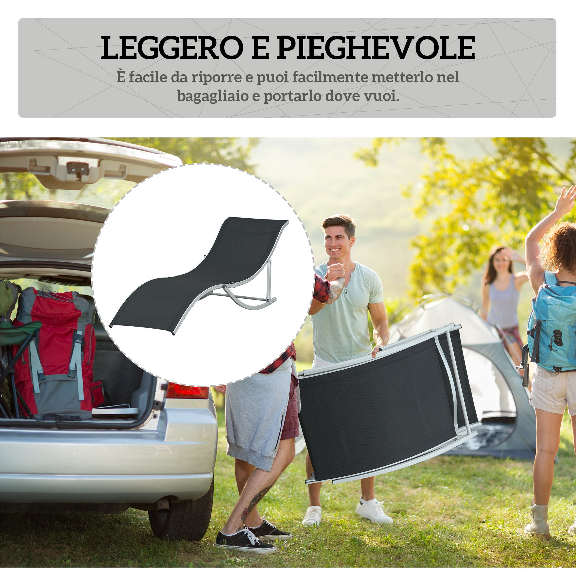 Leggero e pieghevole: uomo e donna aprono una sdraio per il campeggio.