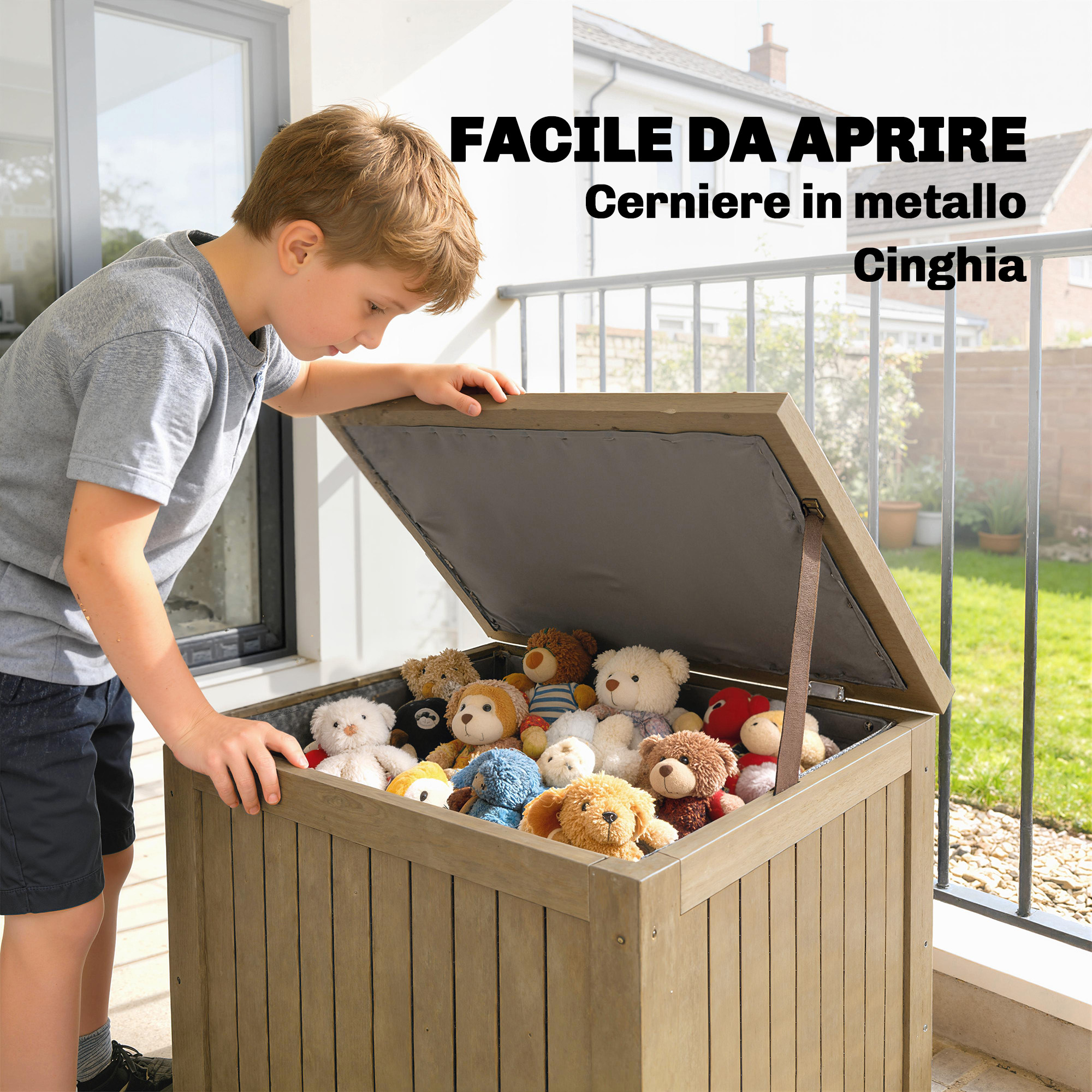 Un ragazzo apre una cassa di legno piena di peluche all'aperto.