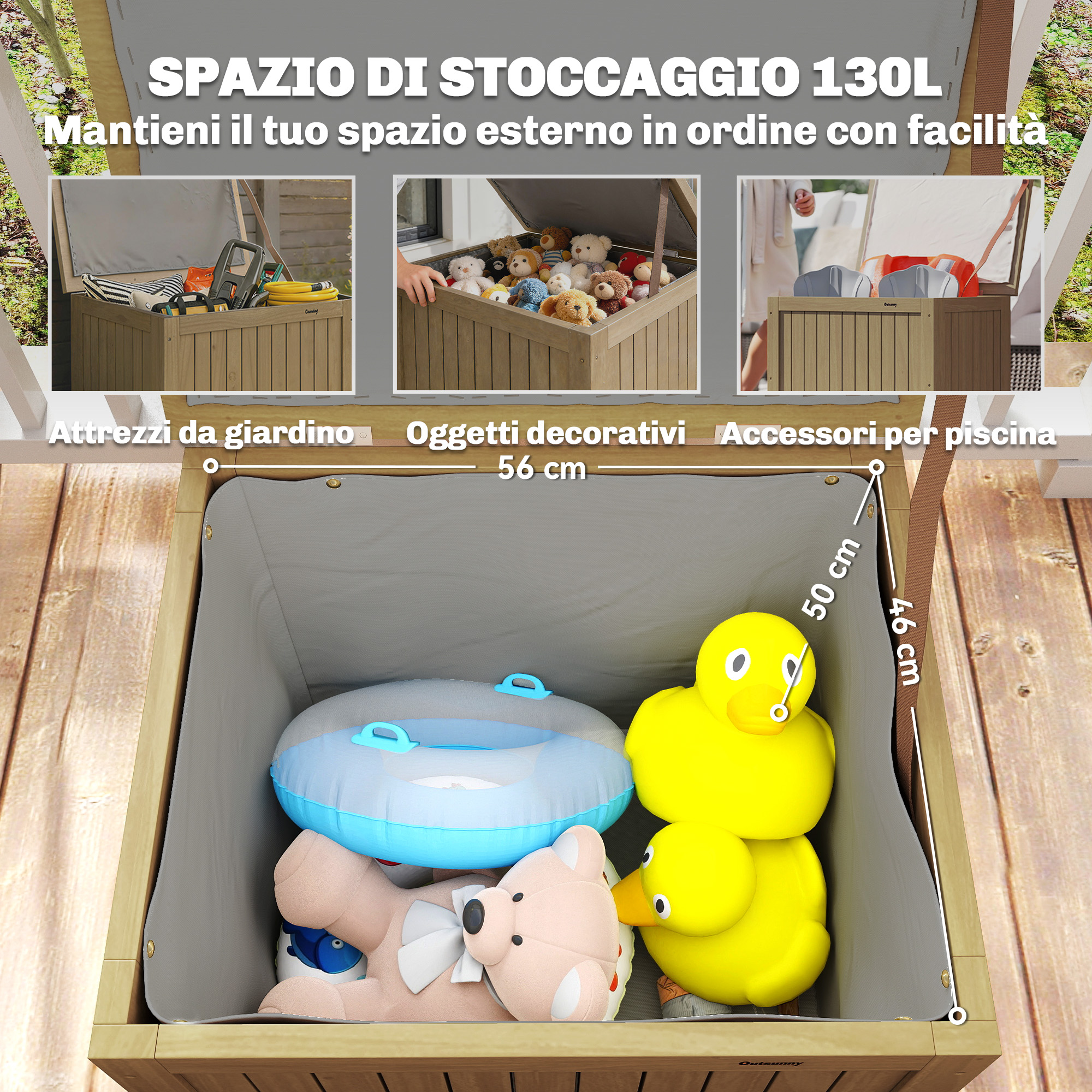 Contenitore in legno con giocattoli: anello gonfiabile, orsacchiotto, paperella.