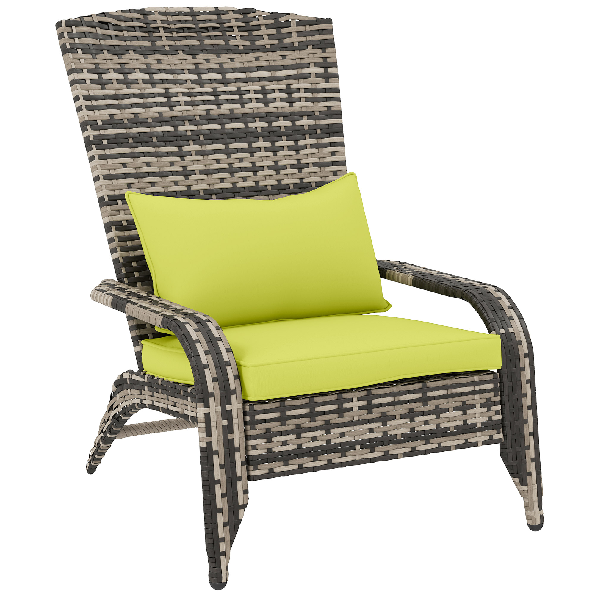 Una sedia in rattan grigia con cuscini giallo brillante.