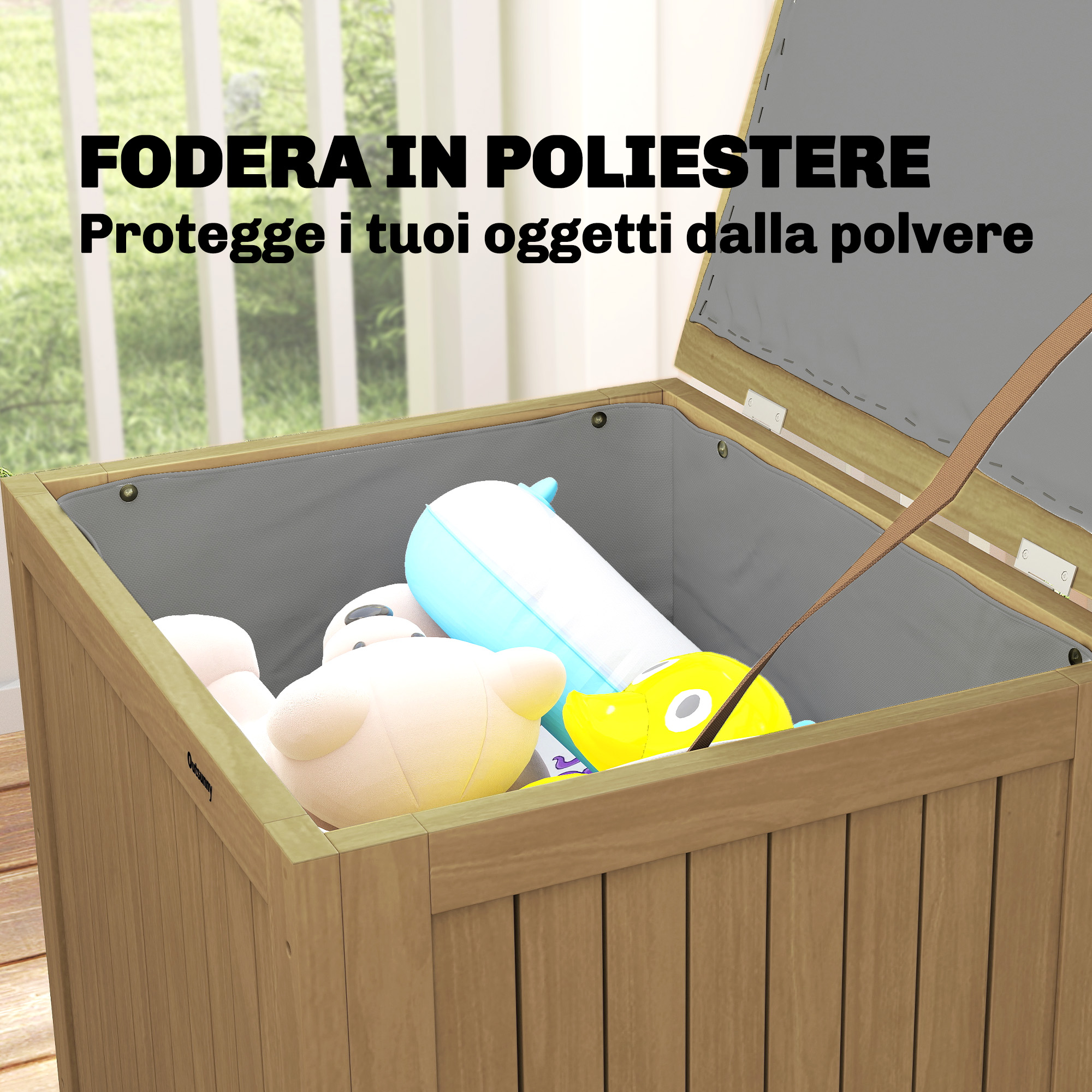 Baule in legno con giocattoli, rivestito internamente in poliestere grigio.