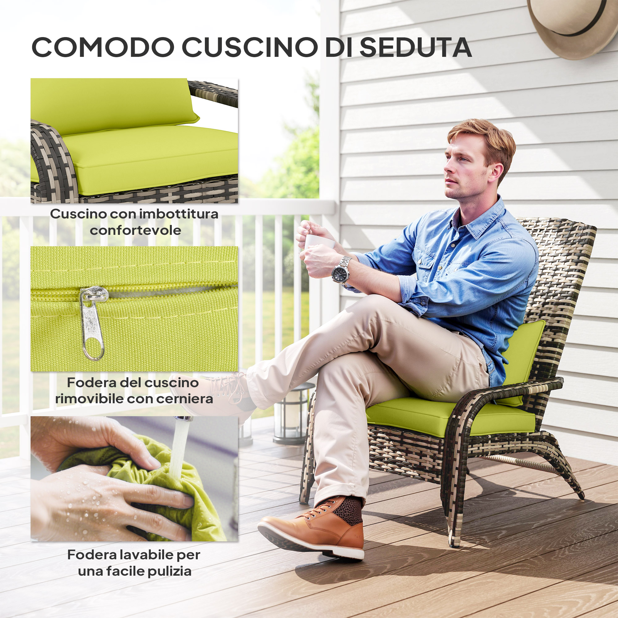 Uomo seduto su divano in vimini con cuscini verde lime. Rivestimento rimovibile.