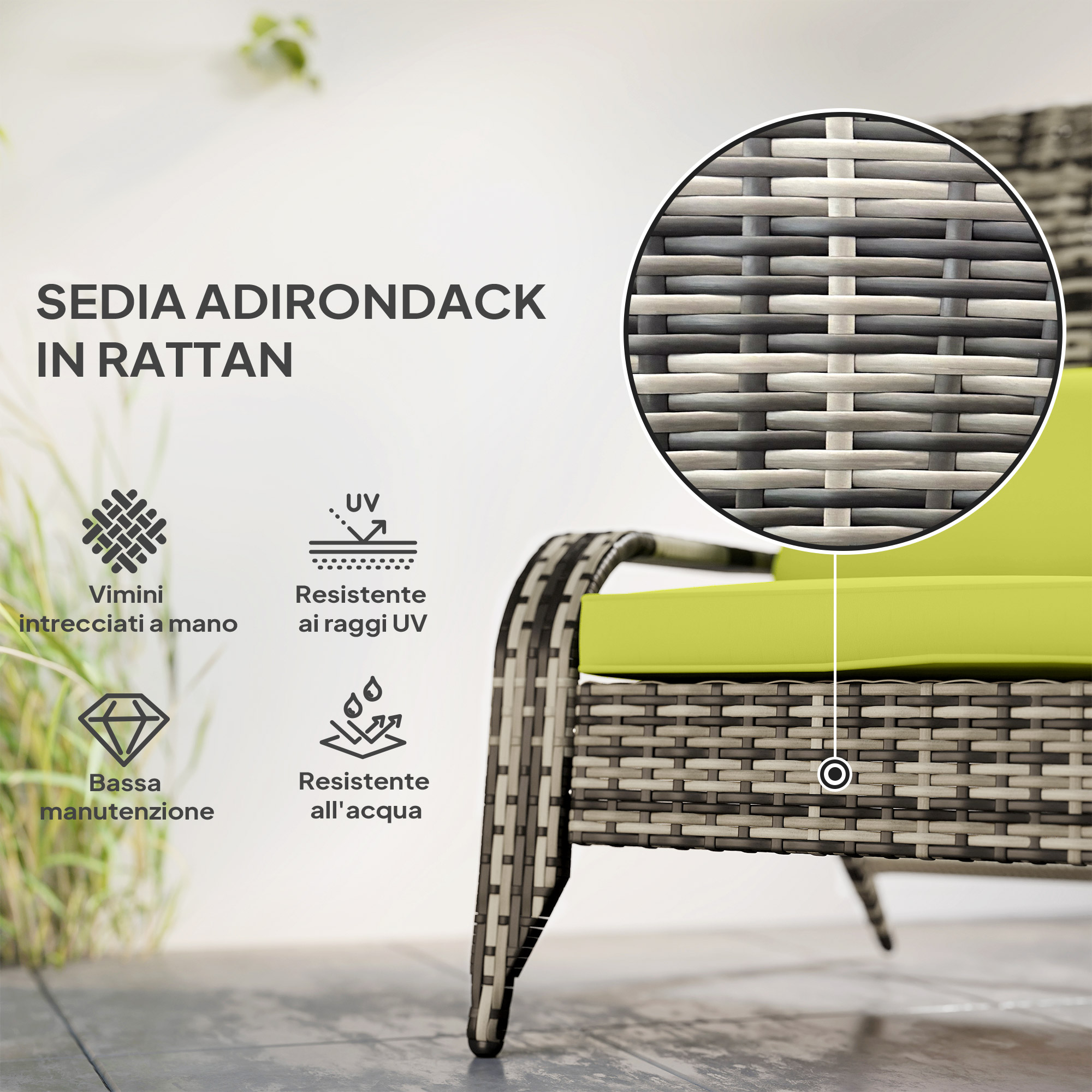 Una sedia Adirondack in rattan grigio con cuscino verde brillante.