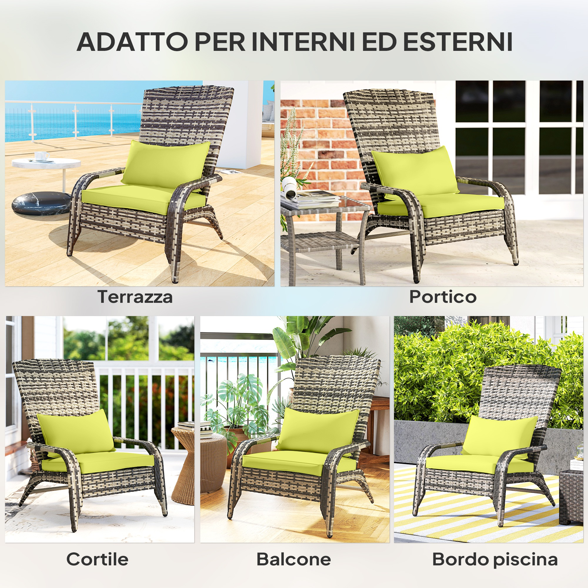 Una sedia in rattan con cuscini verde chiaro viene mostrata in vari esterni.