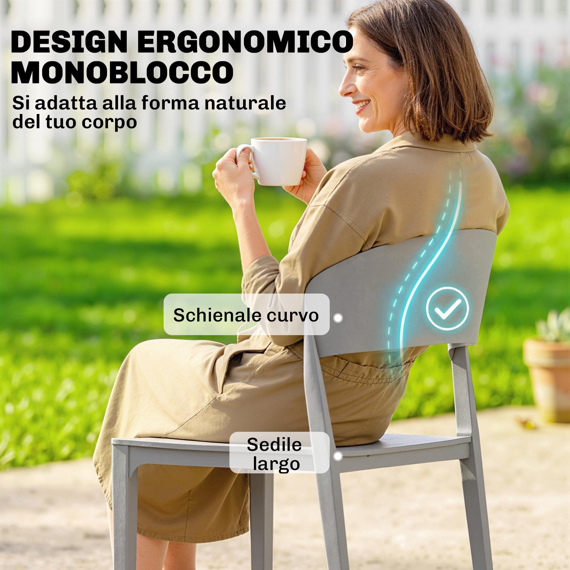 Una donna seduta all'aperto su una sedia, con una tazza di caffè.