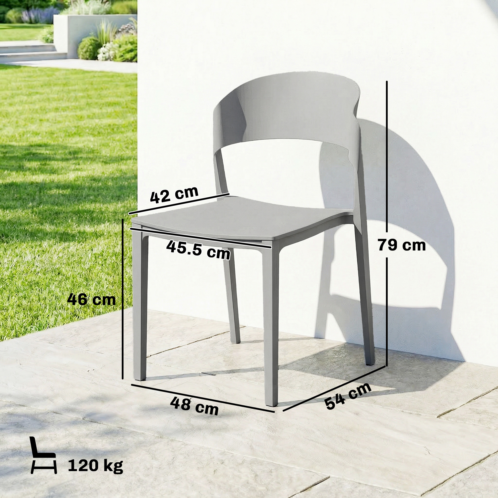 Sedia grigia da esterno con dimensioni: 42cm larghezza seduta, 45,5cm profondità seduta, 46cm altezza seduta, 79cm altezza totale, 48cm larghezza, 54cm profondità. Carico max 120kg.