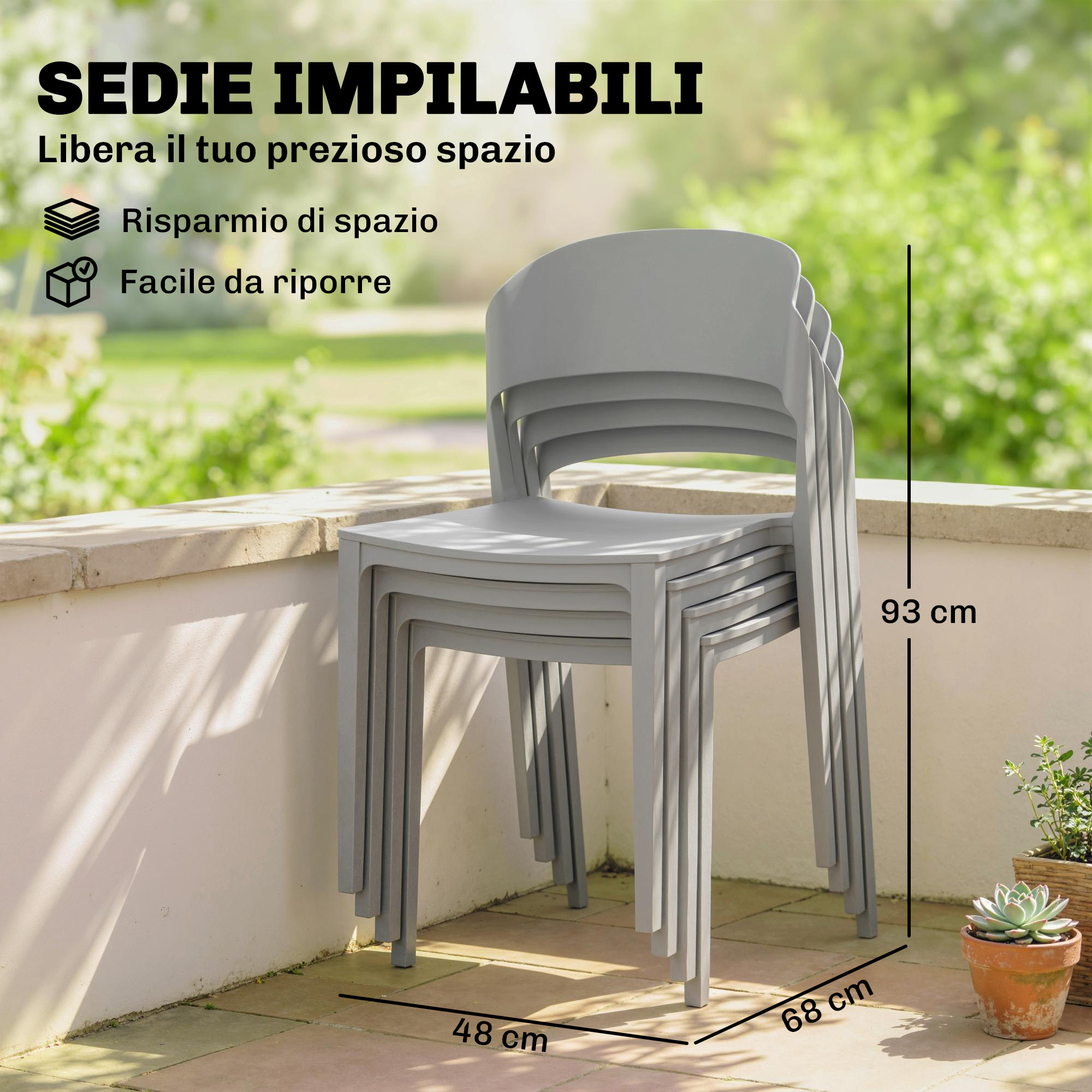 Sedie grigie impilabili, misure 93x68x48 cm, su un patio pavimentato.