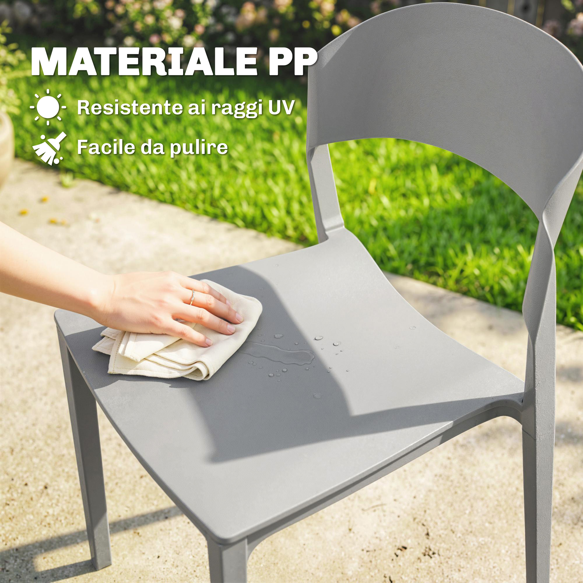 Una seduta di sedia grigia viene pulita con un panno beige. Erba verde sullo sfondo.