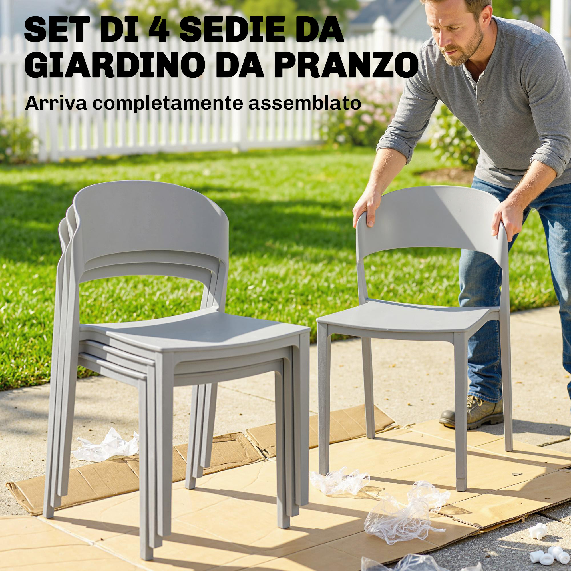 Un uomo sistema sedie da giardino grigie su un patio. Una pila di sedie è a sinistra.