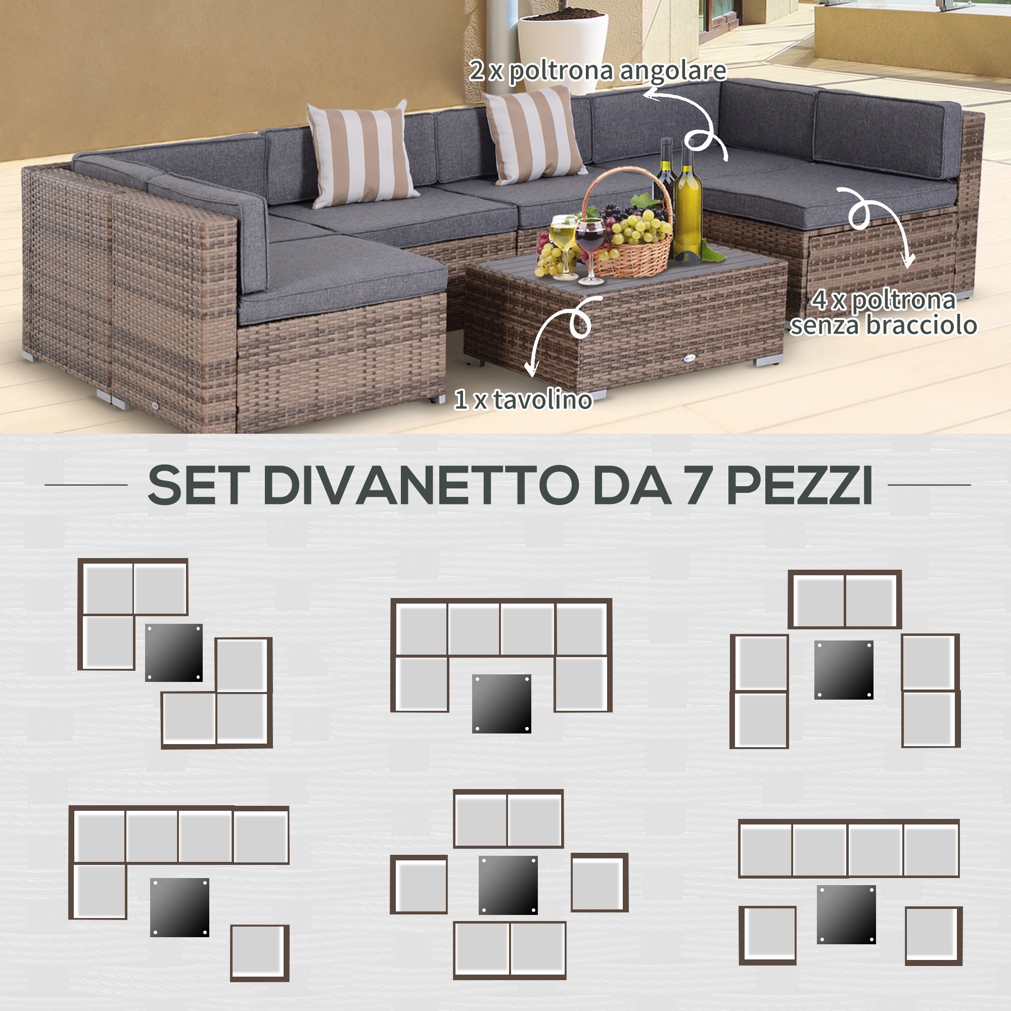 Set divano in rattan con cuscini grigi e tavolino. Mostra varie opzioni di composizione.