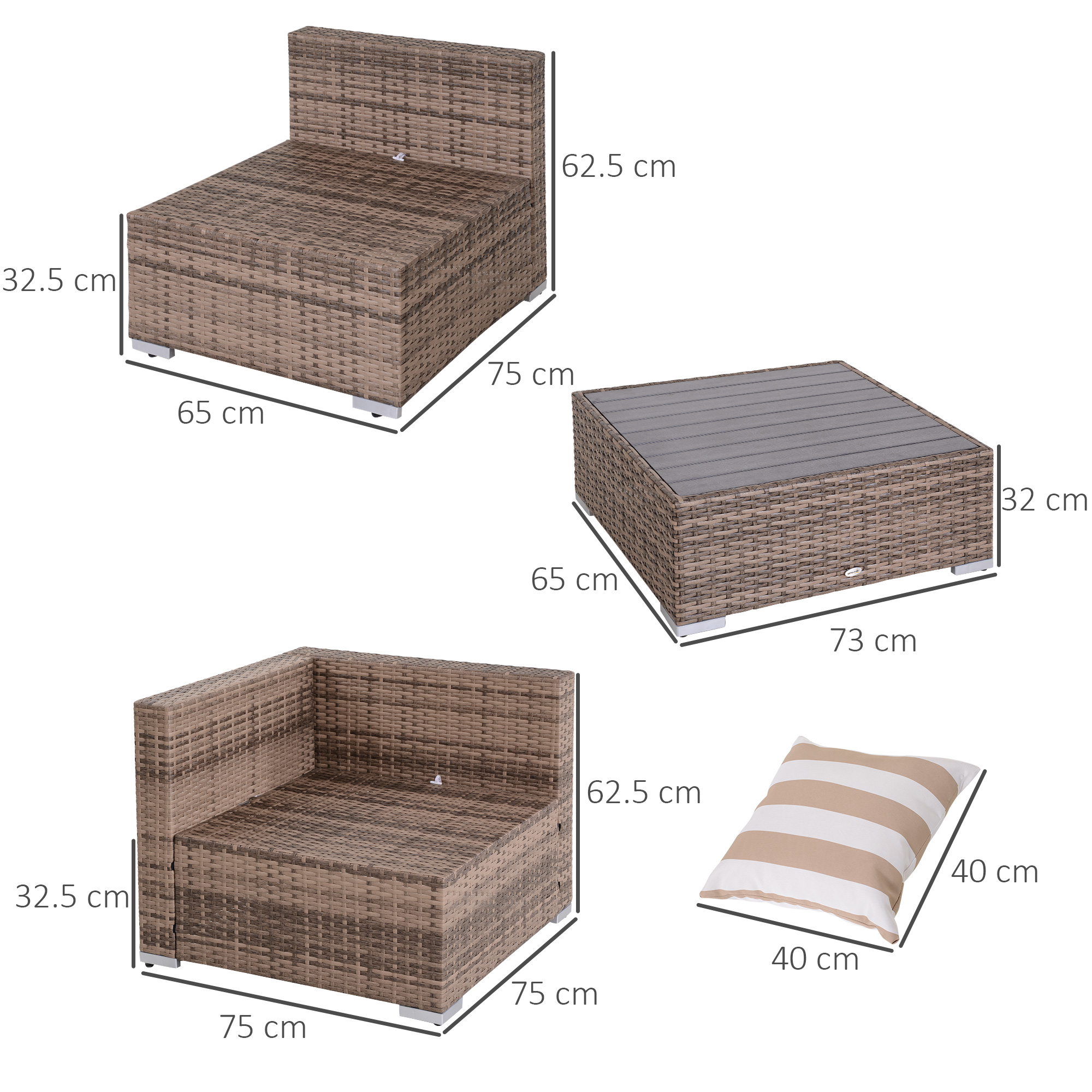 Set di mobili in rattan: poltrona angolare, poltrona singola, tavolino e cuscino. Dimensioni indicate.