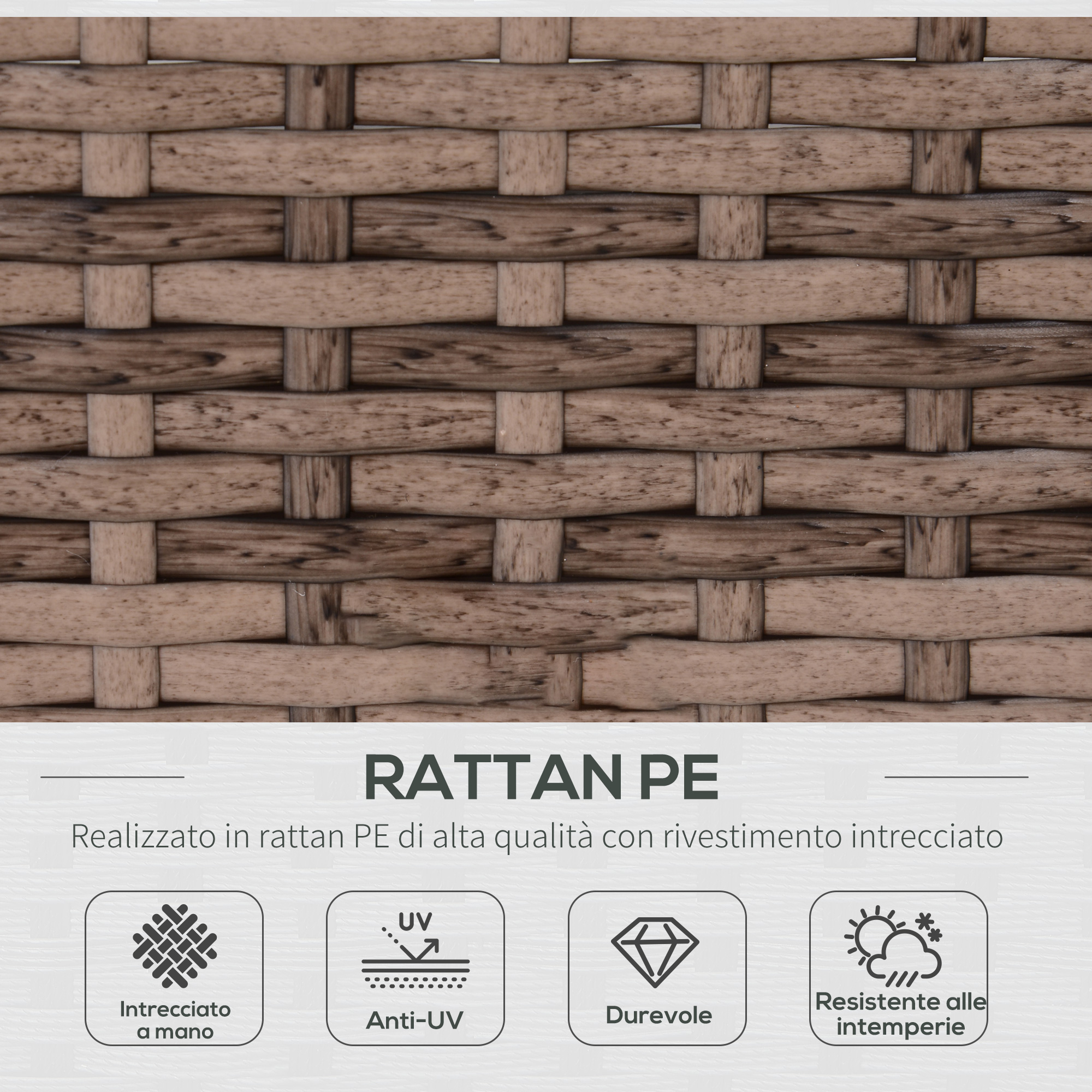 Primo piano di intreccio in rattan PE marrone con icone fatte a mano, anti-UV, durevole e resistente.
