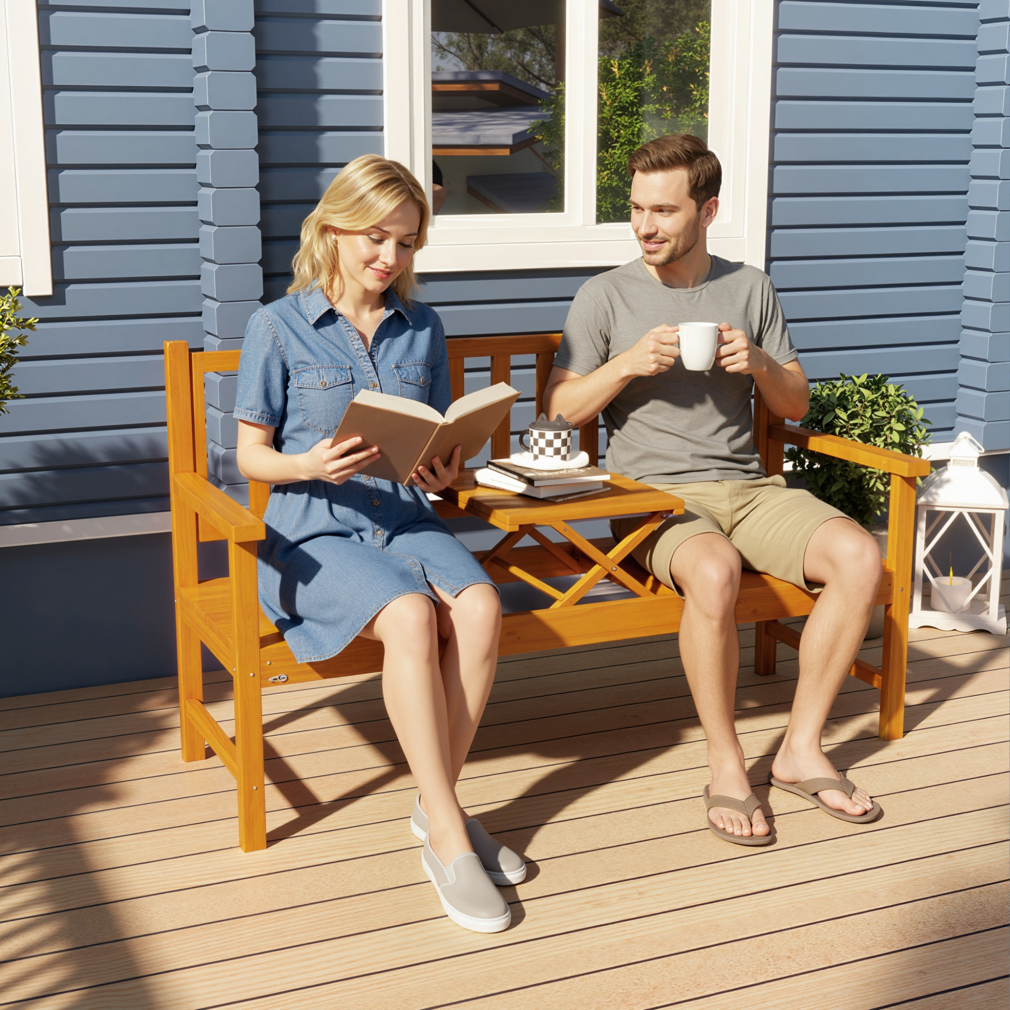 Un uomo e una donna siedono su una panchina di legno fuori da una casa blu, bevendo caffè.