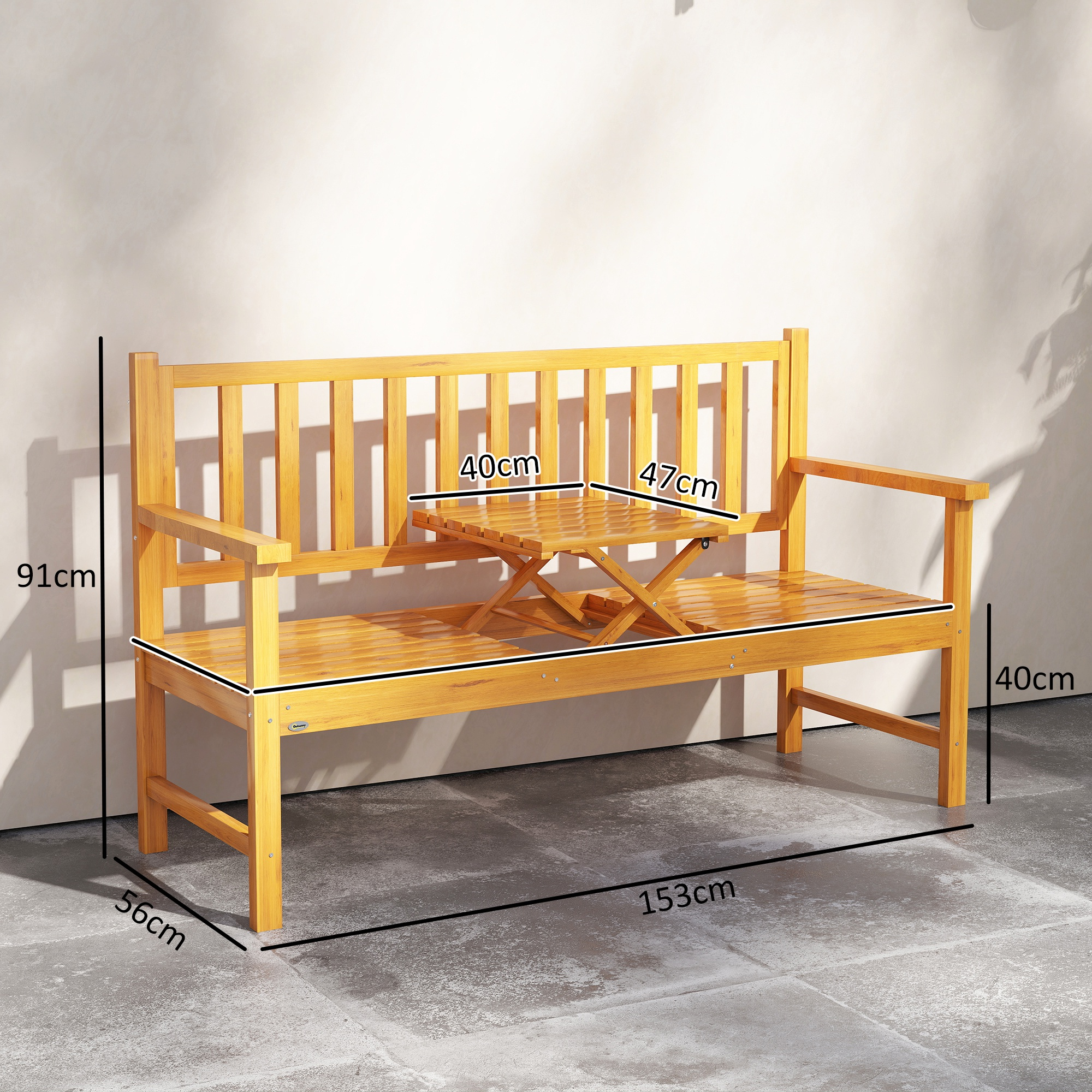 Panca in legno con tavolo pieghevole. Dimensioni mostrate.