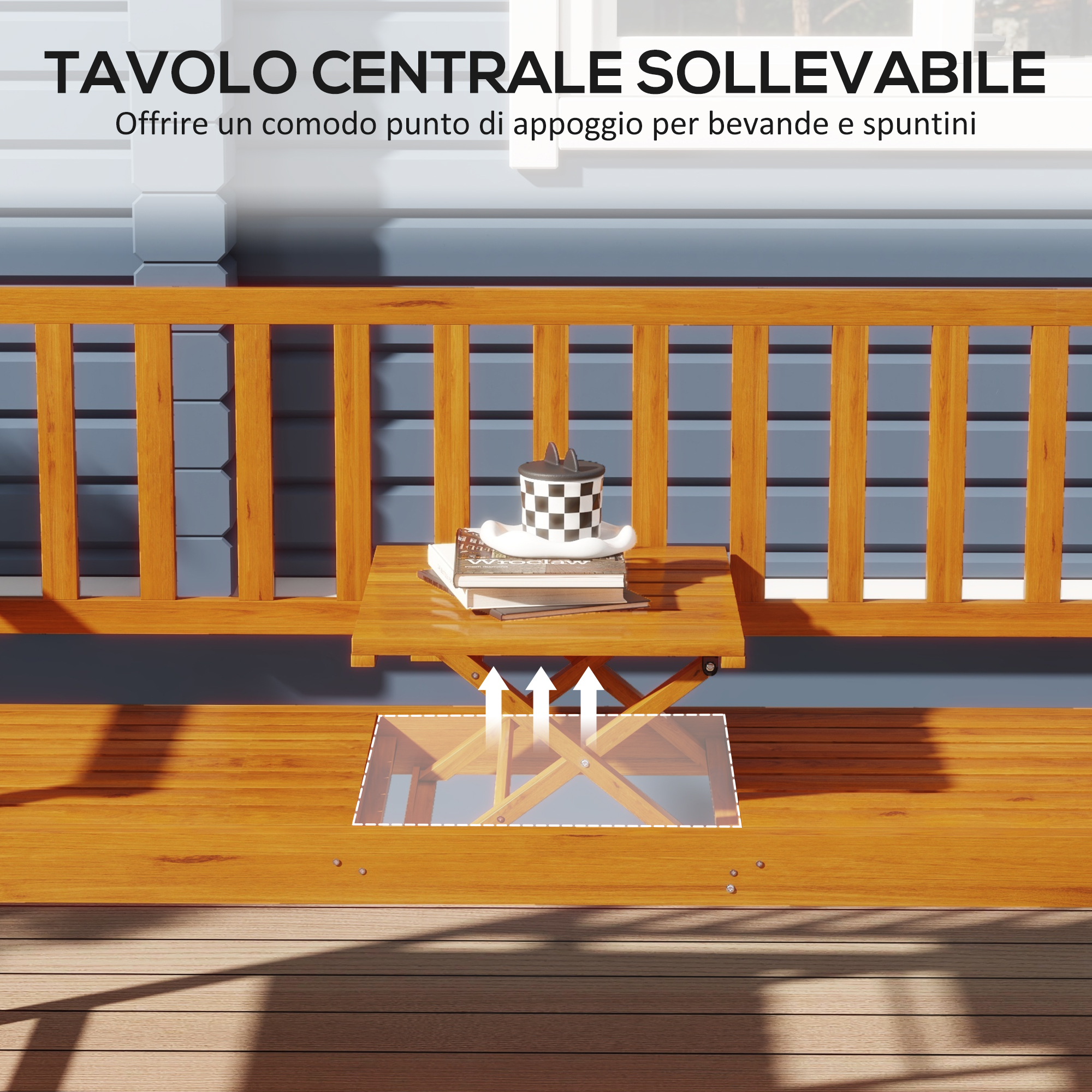 Un tavolino pieghevole in legno con libri e una ciotola bianco e nero su un ponte di legno.