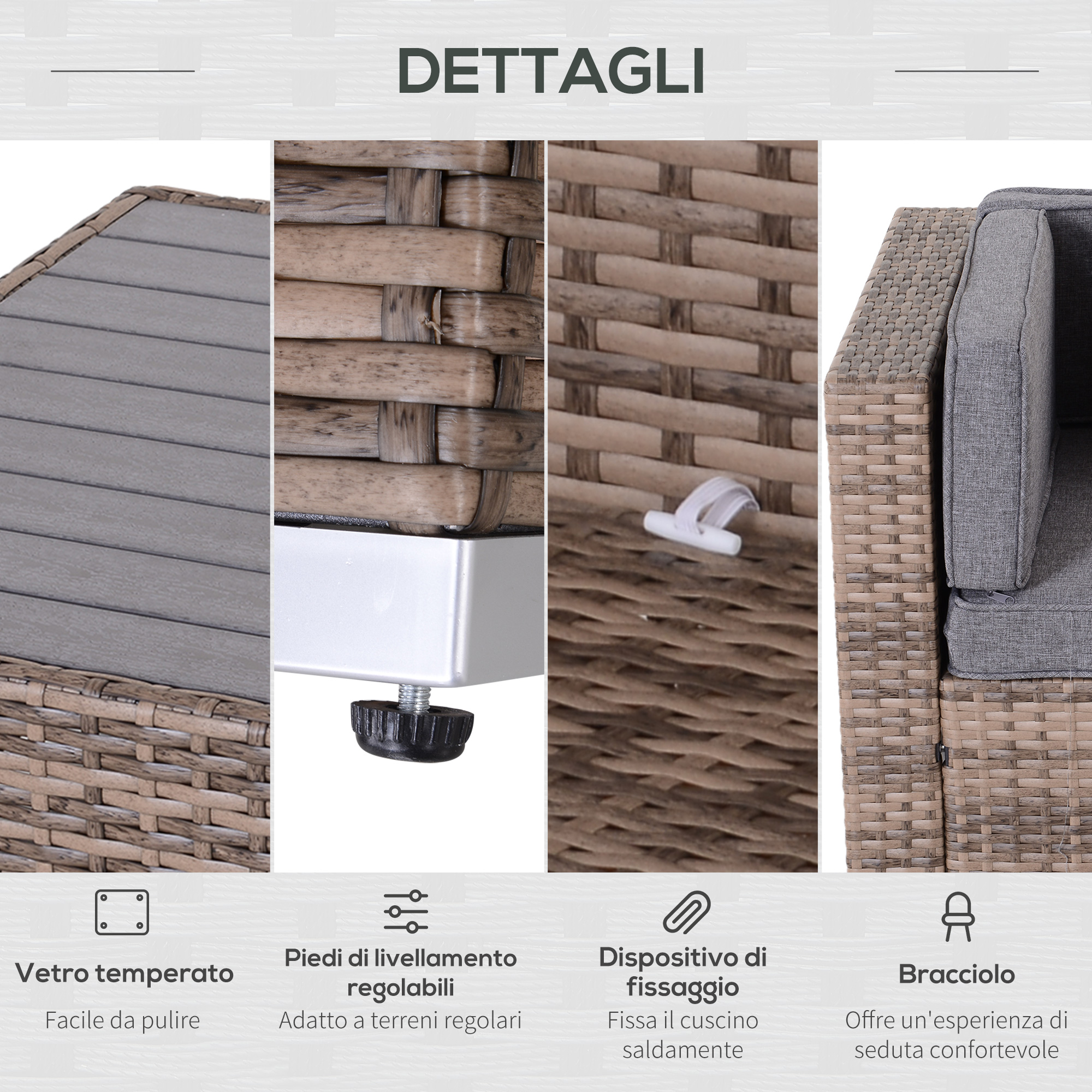 Dettagli: Piano in vetro, piedi regolabili, fissaggio, bracciolo.