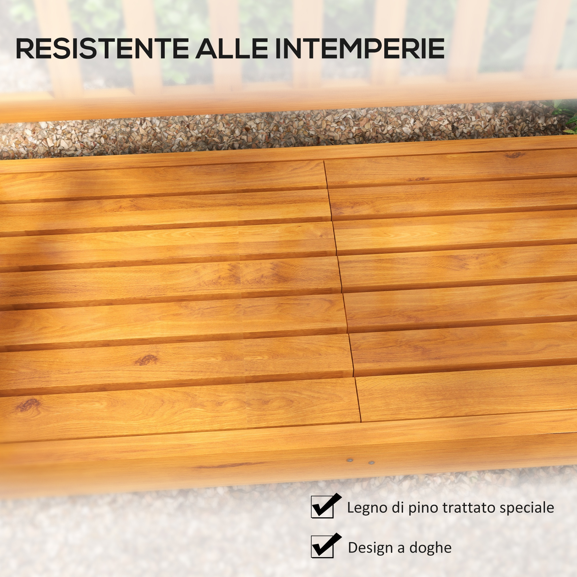 Superficie in legno con doghe e ghiaia sullo sfondo.