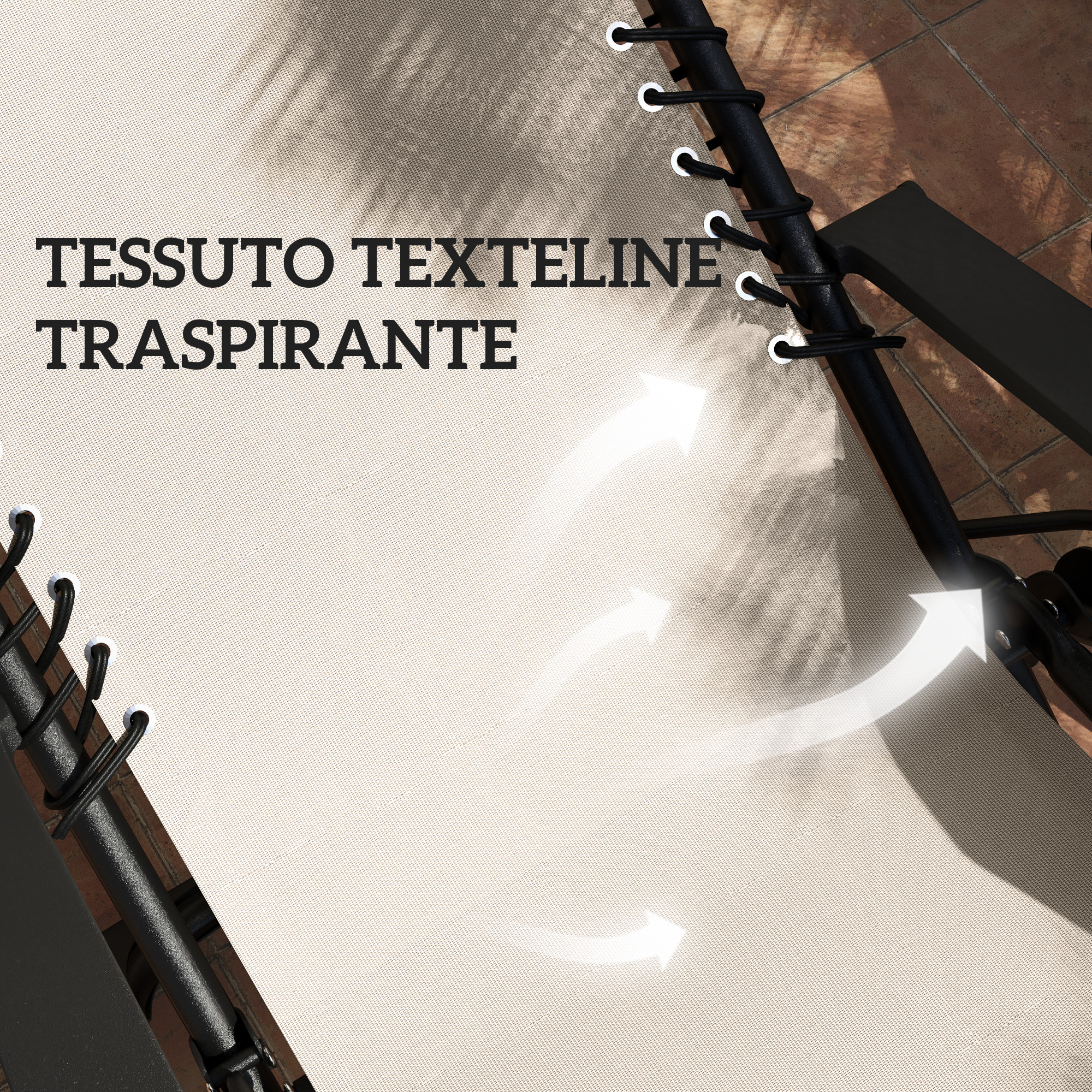 Tessuto texteline beige con cordini neri e frecce che indicano il flusso d'aria.